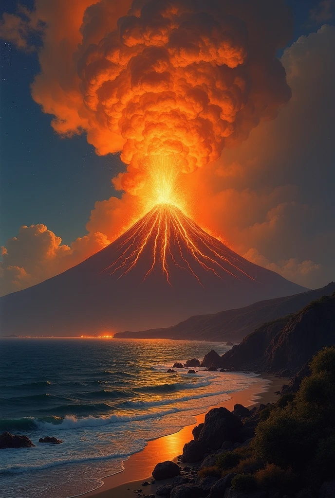 a photorealistic landscape picture of a volcano island erupting in the middle of the sea at night, volcano mountain (best details, Masterpiece, best quality :1.5), streams of lava, streams of lava hitting the sea (best details, Masterpiece, best quality :1.5), some smoke, high contrast, night time, stars, moon light, ultra best realistic, best details, best quality, 16k, [ultra detailed], masterpiece, best quality, (extremely detailed), ultra wide shot, photorealism, depth of field, hyper realistic painting, 3d rendering
