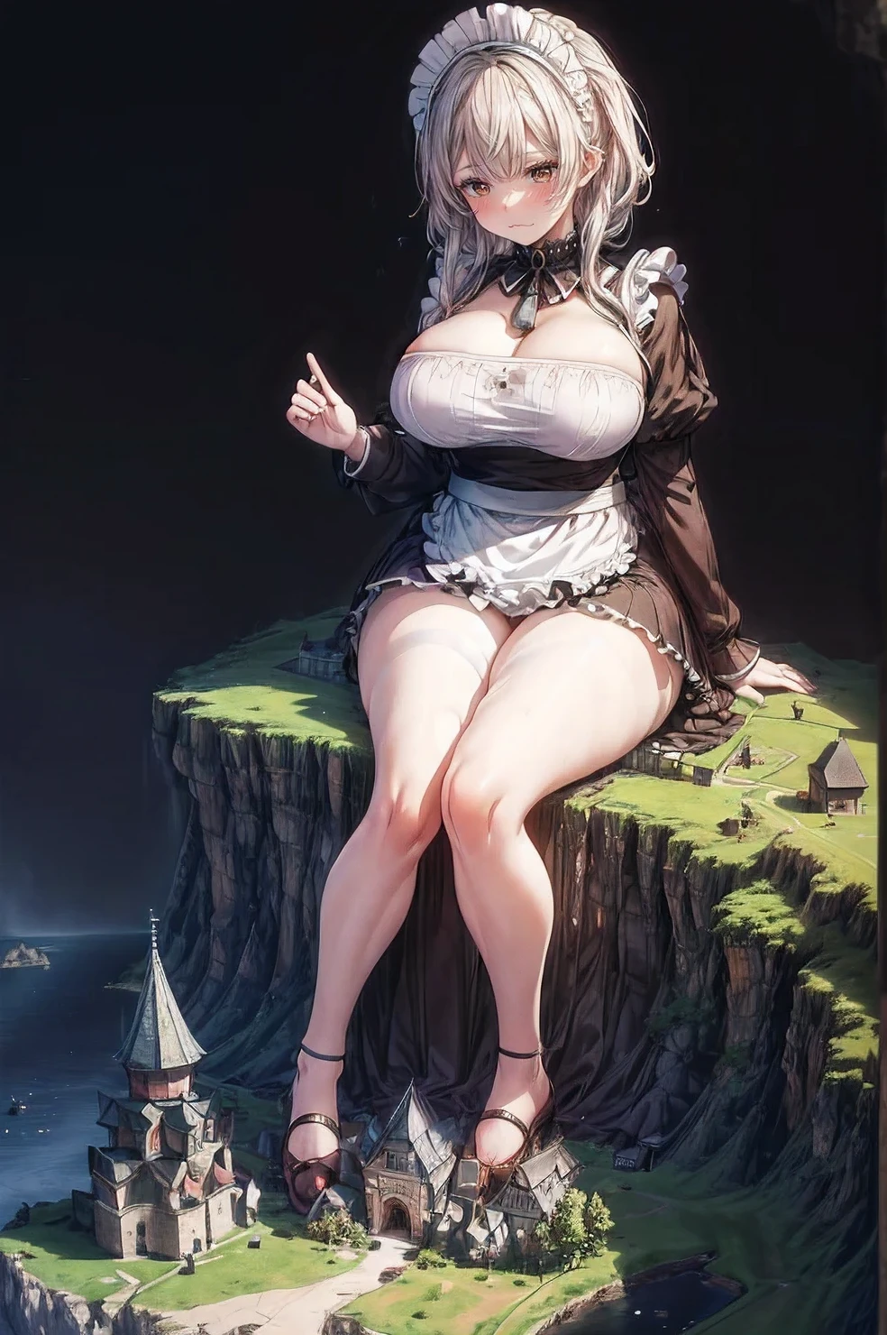 Top image quality、masterpiece、an oil painting、Norman Rockwell's style、 beautiful a girl、The iris is blue、Cute little face、Light makeup、Cat's ears、blonde hair in braids、Luxurious necklace around the neck、tiny chest、Big buttocks、sitting on、portrait of a full body、alchemist、She holds a magic wand in her right hand、 She has a lantern hanging in her left hand、Old English style maid clothes、the chest is hidden、Leather boots、Particle、the wind、florals、looking at viewert、Overlook a vast valley、rapidshare taiga、Rock Mountain、Slight steppe、thirds rule、Ultra-wide-angle shooting from above