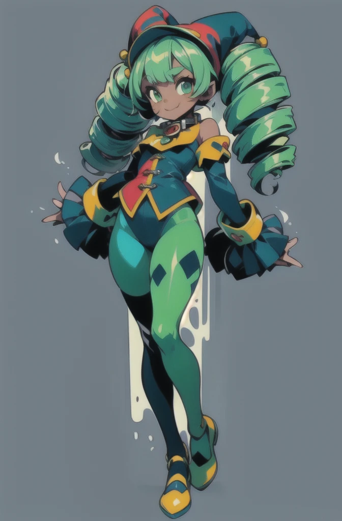 (masterpiece, ultra-detailed, high resolution, best quality:1.2), (anime, simple background, plain background, RPG character, concept art), (full body, 1girl, (loli:1.4)), ((wave drill hair:1.2), long wavy drill hair that flows down to the waist, green hair), (dark skin:1.5), (full body tights:1.5), (bare shoulders, her arms have long false sleeves, puffy cuffs), (tight fitting clothes), (medieval Jester outfit:1.2), (jester hat:1.2), (Blue-Green outfit), (cute smile, green eyes, collar, thick thighs)