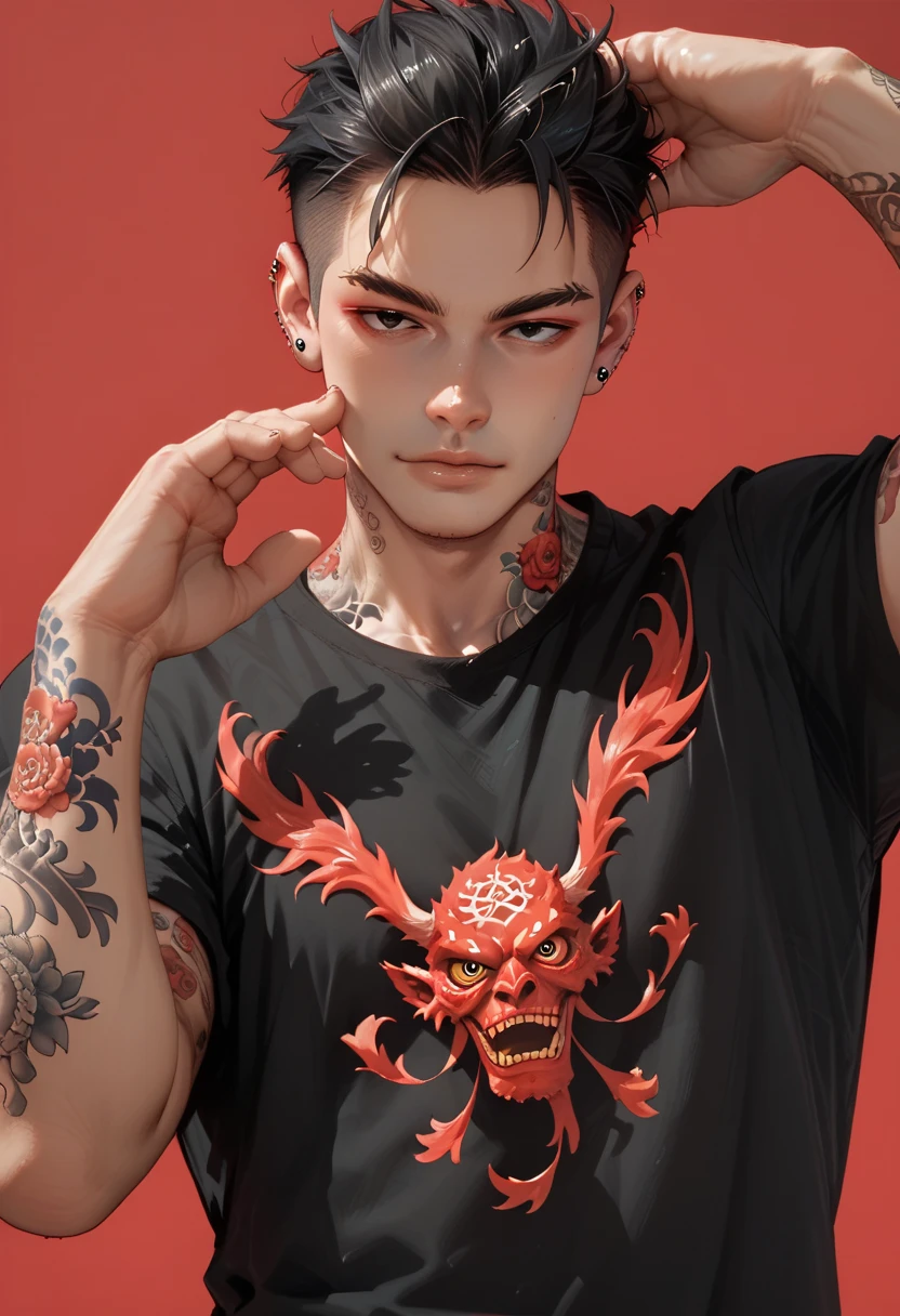 a handsome man is posing standing, dashing pose, wearing traditional japanese tattoos on his hands, wearing a traditional Japanese tattoo on the neck, wear a black t-shirt, look at viewers, red background, detail face, detail eyes, black eyes