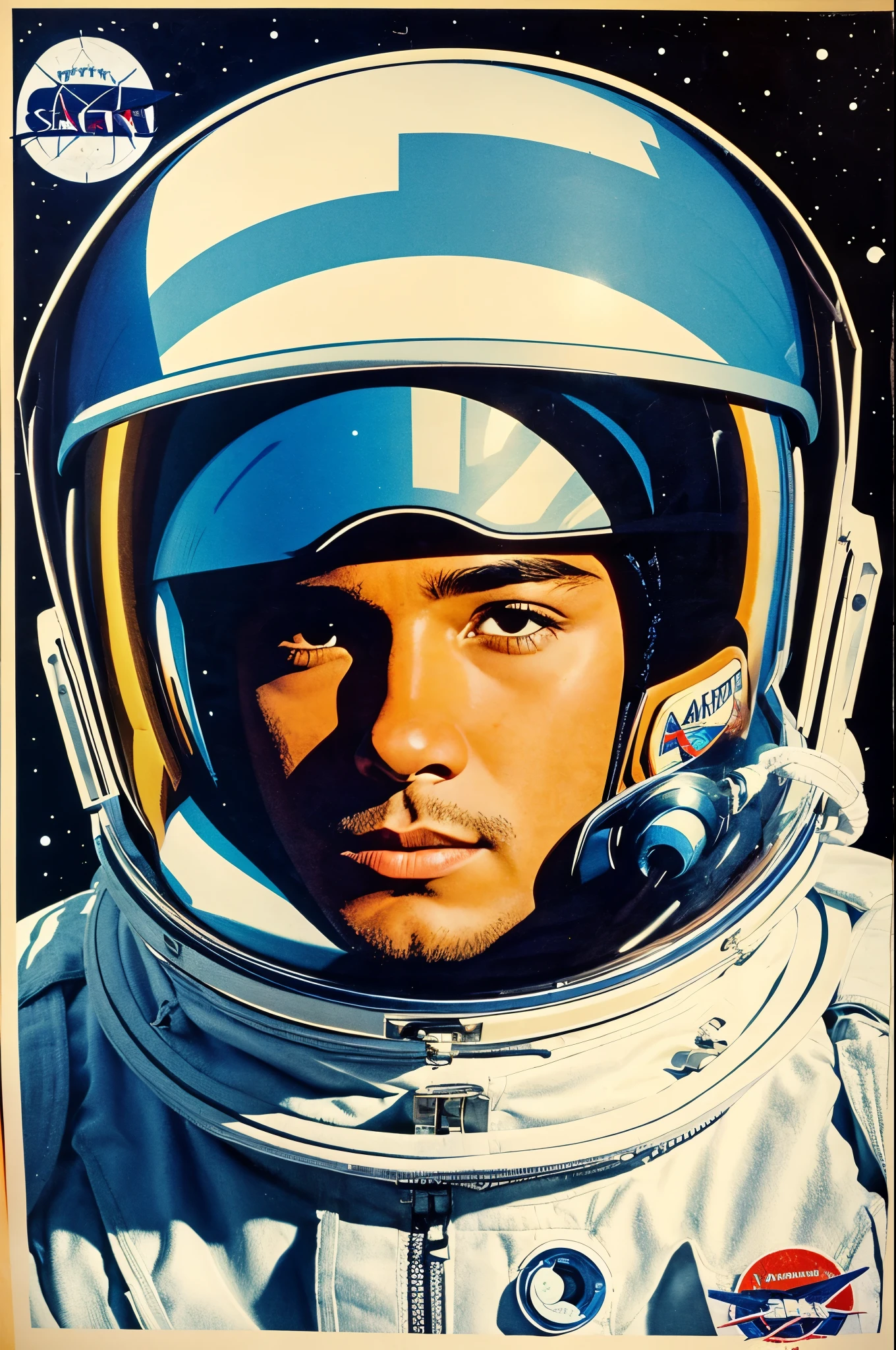 "gato de raza snowshoes" astronaut (solo rostro con casco de astronaut). Offset poster illustration 70s 