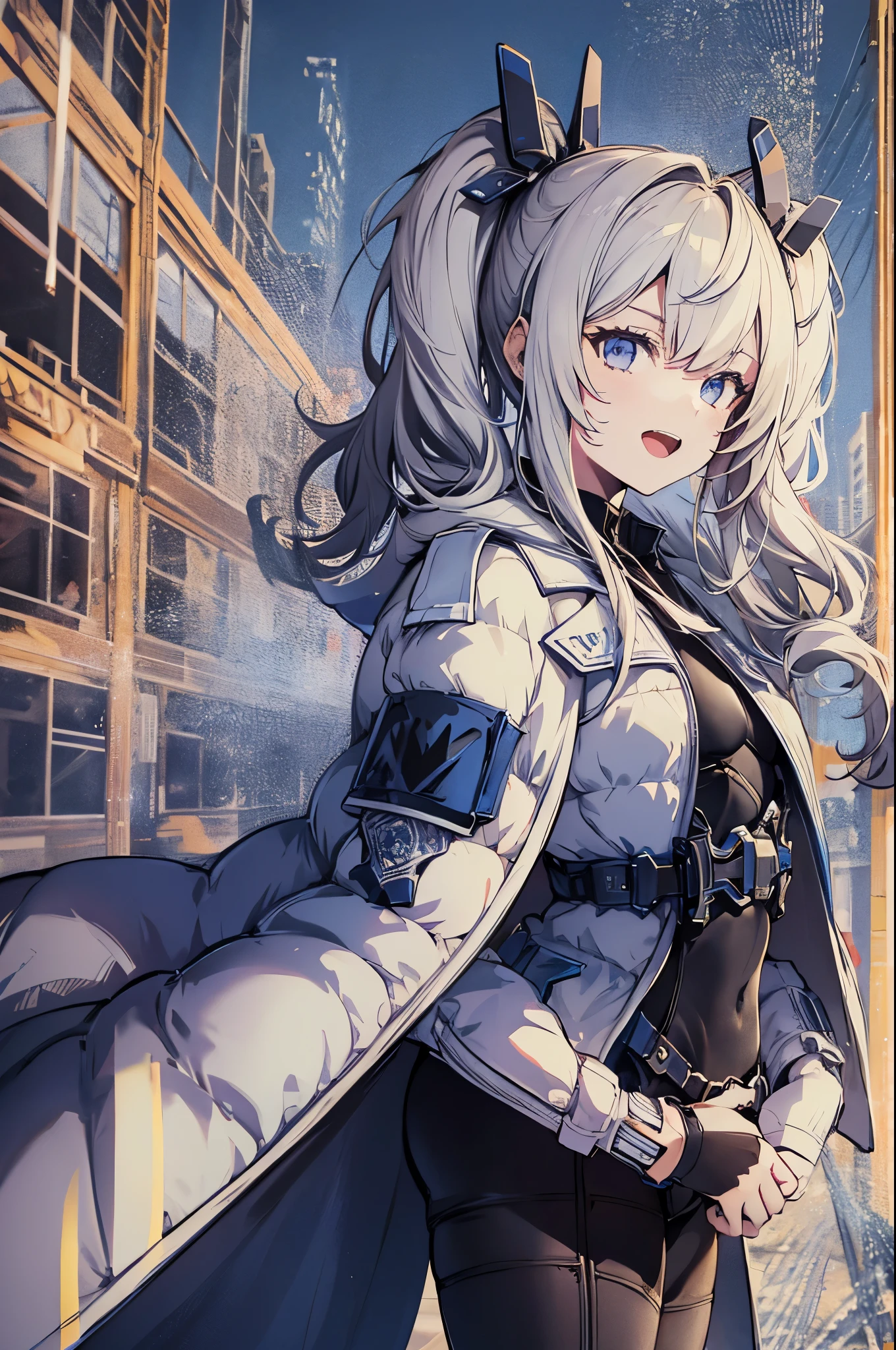 1petite_girl,masterpiece, highest quality,laplace,hair ornament, white coat, belt, coat_on_black_bodysuit,fur trim, gloves, blue boots,(upper body),open mouth,(crossed arms),(Standing in honor),Smile, smug_face, laugh,open_mouth