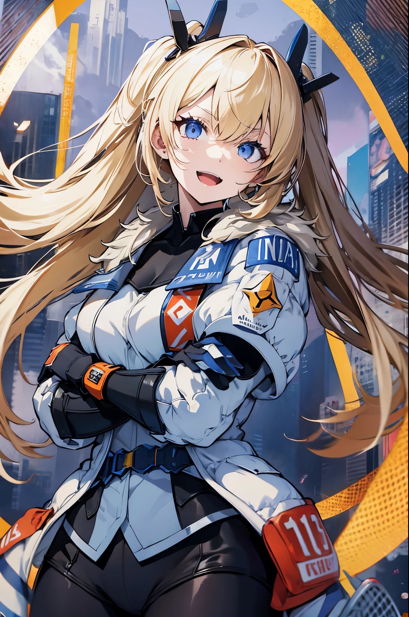 1petite_girl,masterpiece, highest quality,laplace,hair ornament, white coat, belt, coat_on_black_bodysuit,fur trim, gloves, blue boots,(upper body),open mouth,(crossed arms),(Standing in honor),Smile, smug_face, laugh,open_mouth