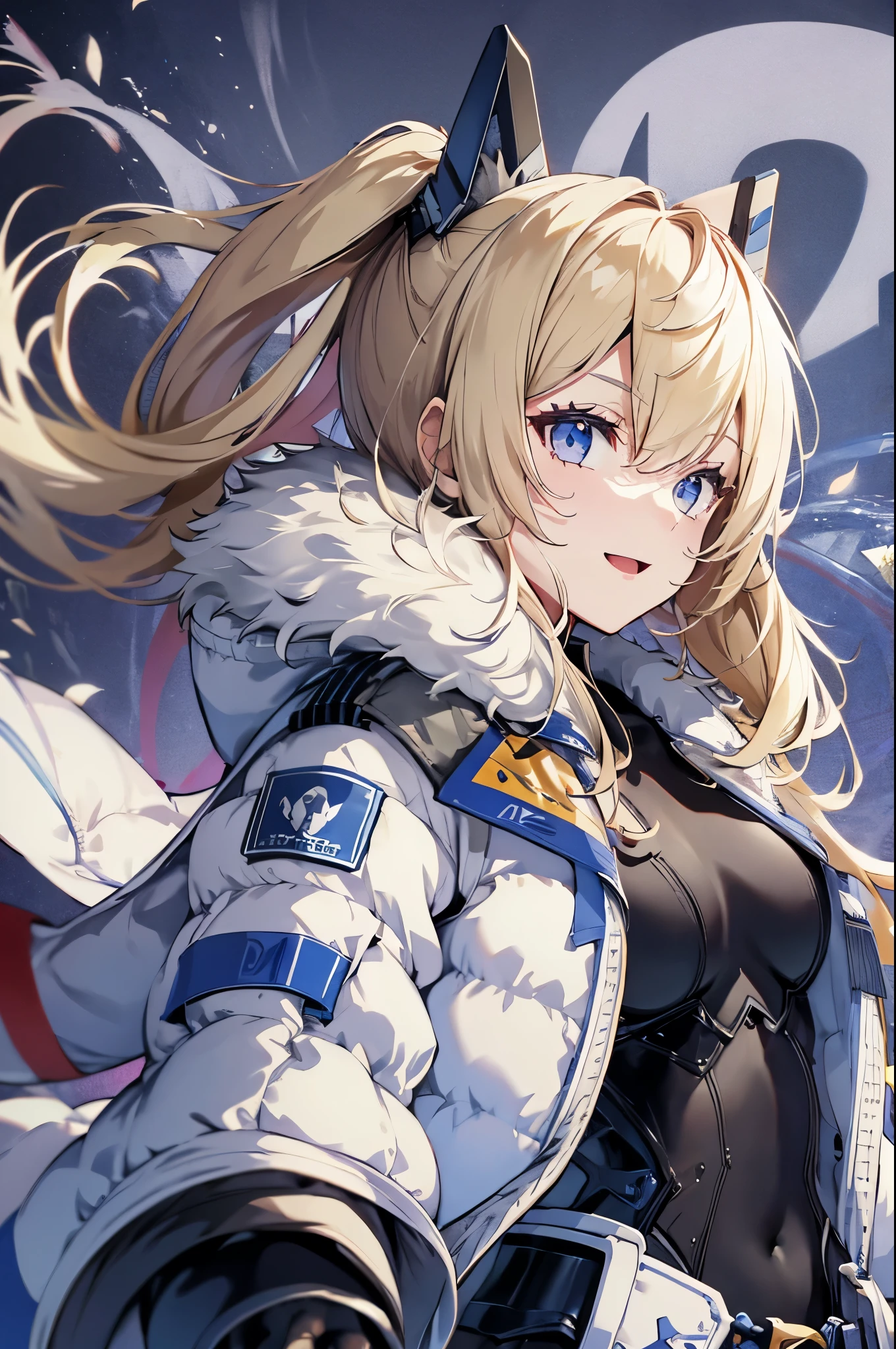 1petite_girl,masterpiece, highest quality,laplace,hair ornament, white open_coat, belt, coat_on_black_bodysuit,fur trim, gloves, blue boots,(upper body),open mouth,(crossed arms),(Standing in honor),big_Smile, smug_face, laugh,open_mouth