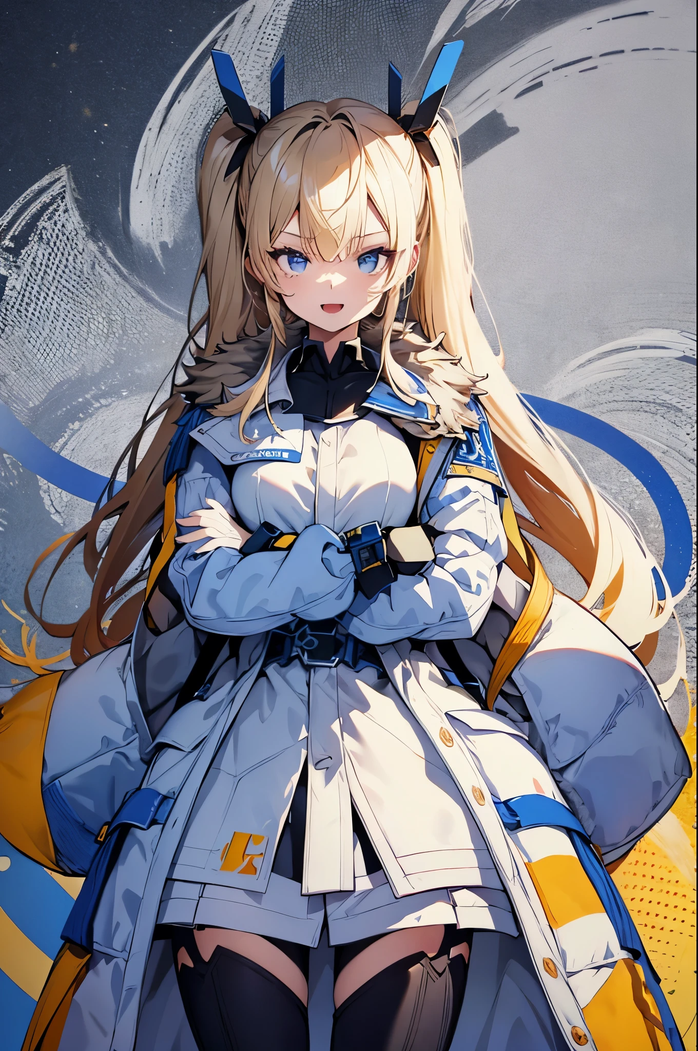 1petite_girl,masterpiece, highest quality,laplace,hair ornament, white open_coat, belt, coat_on_black_bodysuit,fur trim, gloves, blue boots,(upper body),open mouth,(crossed arms),(Standing in honor),big_Smile, smug_face, laugh,open_mouth