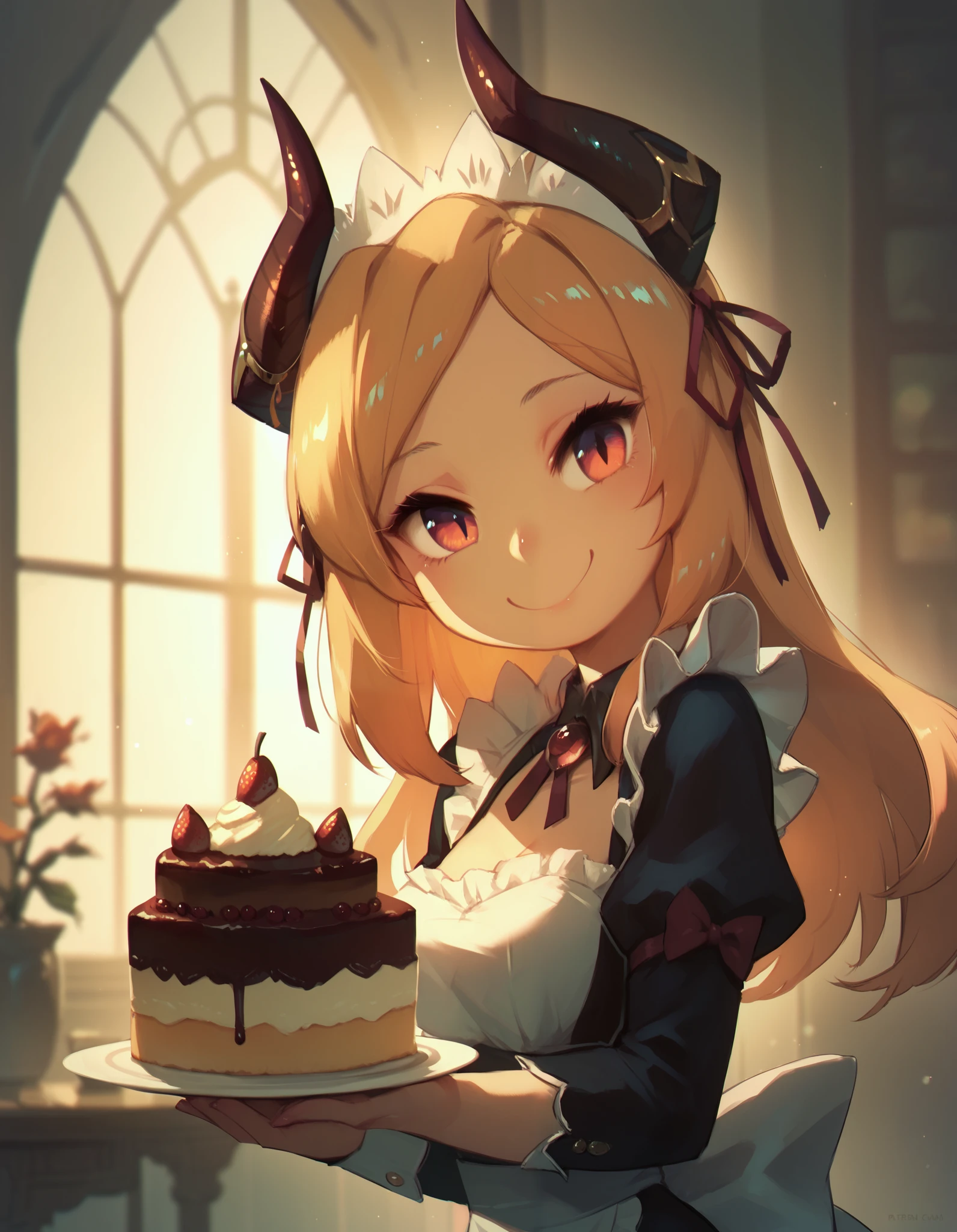 score_9, score_8_up, score_7_up,score_6_up, a maid girl dragon holding a cake, smile, head tilt, horns, smile