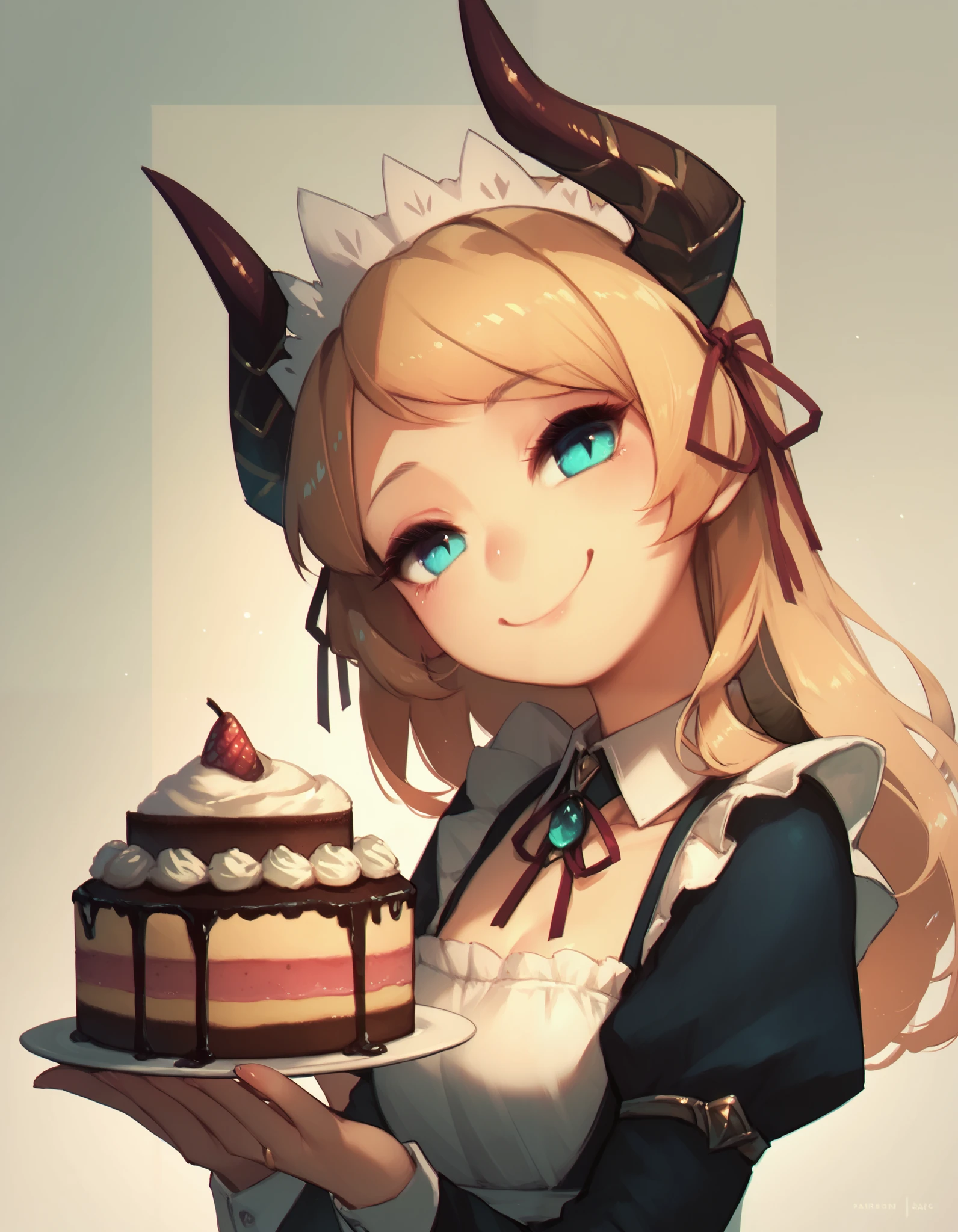 score_9, score_8_up, score_7_up,score_6_up, a maid girl dragon holding a cake, smile, head tilt, horns, smile