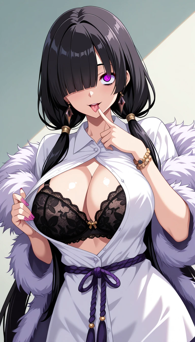 crazy and chaos style,long twin tails, very long hair, hair over one eyes, big breast, black lace bra, casual shirt, ropes, bracelets,fur trimmed coat, Index finger to own lips and lick own fingertips 1girl,solo,(purple crazy eyes),blunt bangs,(black hair),(breast cut-out),clothing cut-out