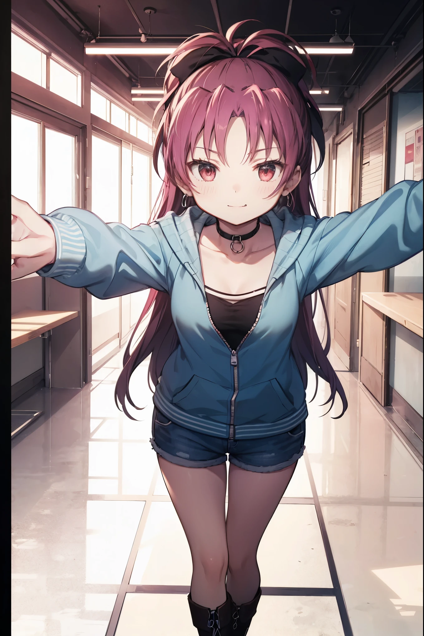 masutepiece, Best Quality, hight resolution, I, Long hair, Ahoge, clavicle, printed shirt, White shirt, raglan sleeves, clothes around waist, Plaid microshorts, Smile, Waving, Leaning back, Bad Woman、sadistic、Muchimuchi、clong legs、long legged、thighs thighs thighs thighs、Eyes pink、Grinning、Smile、is standing、Sweating:1.5), (steam:1.3), ((((blush))))),Absolute area、（black leather thigh boots）、a room、Hi-Res, 1girl in, ,},{{solo,Boyish 1 Girl}} is standing,,{18year old},and leather boots}Emphasis on the thighs、thighs thighs thighs thighs、clong legs、long legged、Boots longer than the thigh、(1girl in), Full body, hex maniac, Dark purple hair, Long hair, hair messy, Ahoge, Purple Headband, Black eyes, @_@, Large breasts, Smiling smile), Purple long dress, long sleeve axi dress), (Indoors, In the closet)Face Focus, (Evil smile), Smirk, Happy, (Vulgarity:1.2), steam, Breathless, Sweat, shiny nipples、large areola、Purple Micro Bikini, Long gloves, Purple elbow gloves, Latex, (Condom belt