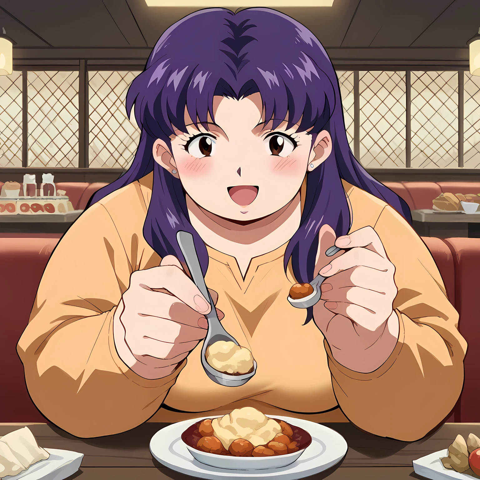 score_9, score_8_up, score_7_up, source_anime, misato katsuragi, long hair, brown eyes, purple hair, parted bangs, medium breasts, incoming food, spoon, holding, holding spoon, food, looking at viewer, open mouth, blush, smile, restaurant, plate, hand up,, ,fat, chubby, obese, gigantic arms and legs, large breasts open mouth, out of breath