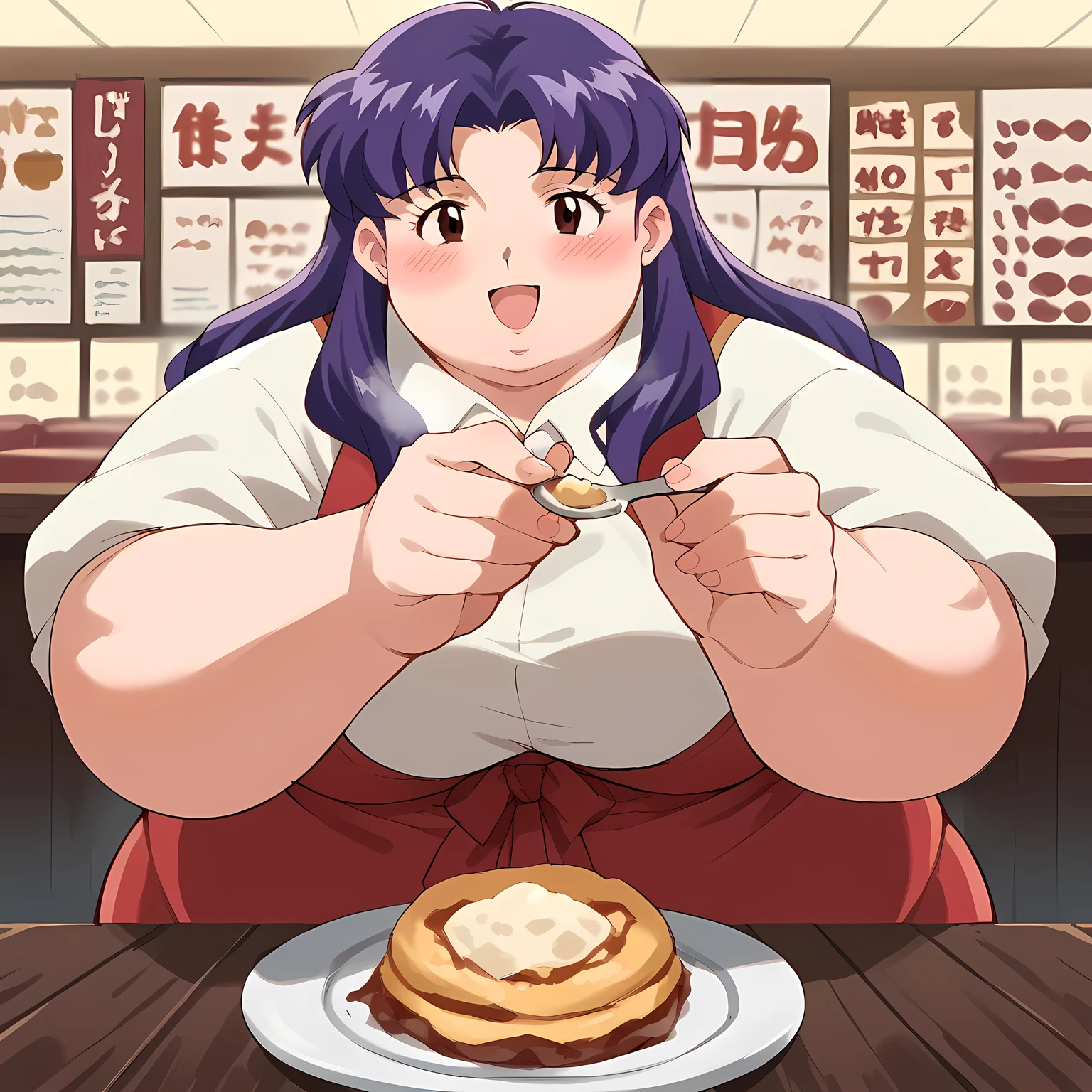 score_9, score_8_up, score_7_up, source_anime, misato katsuragi, long hair, brown eyes, purple hair, parted bangs, medium breasts, incoming food, spoon, holding, holding spoon, food, looking at viewer, open mouth, blush, smile, restaurant, plate, hand up,, ,fat, chubby, obese, gigantic arms and legs, large breasts open mouth, out of breath