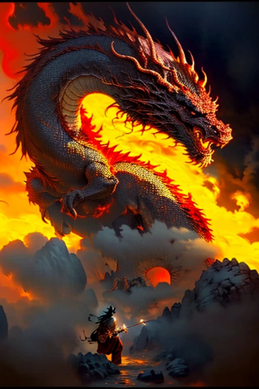 Ultra realistic. Oriental fantasy setting. Huge, long dragon bursting from a cave in an explosion of flames and burning rock, flames and smoke surrounding. red and gold and black