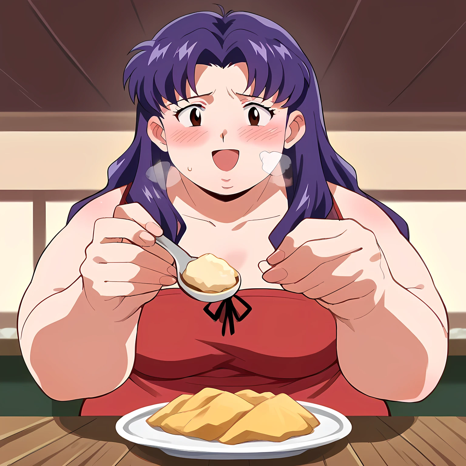 score_9, score_8_up, score_7_up, source_anime, misato katsuragi, long hair, brown eyes, purple hair, parted bangs, medium breasts, incoming food, spoon, holding, holding spoon, food, looking at viewer, open mouth, blush, smile, restaurant, plate, hand up,, ,bulging belly, fat, chubby, obese, open mouth, out of breath, absurdres, highres icon, rating:General, confused, blush, {flustered}, nervous sweating, portrait, pov hands, hand on another's belly, averting eyes, [looking away], straight-on, from below, swollen face, masterpiece, best quality, ultra-detailed, high resolution, 8K, 
