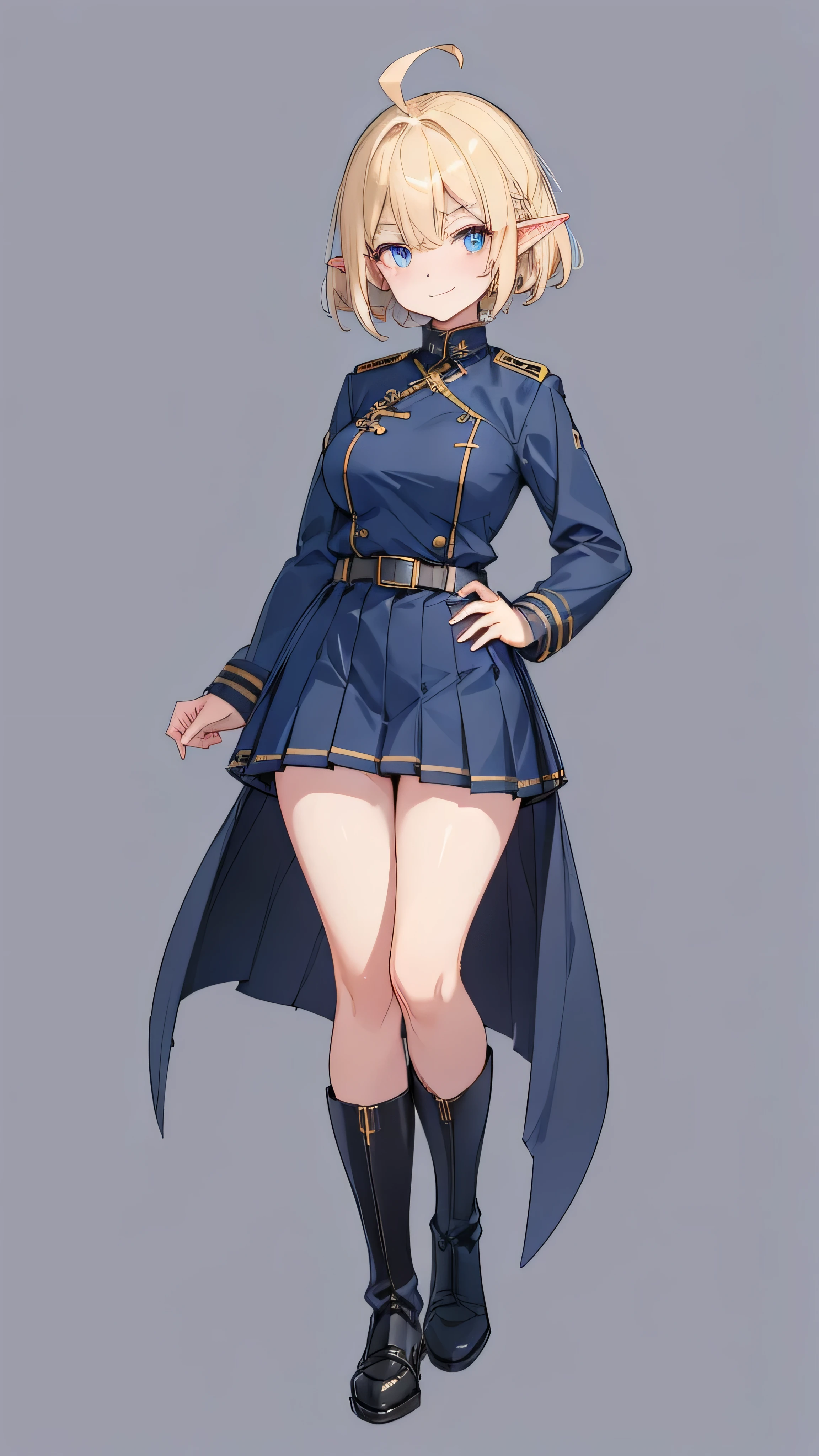 masterpiece,  top quality,((Full body image of a tall elf woman ,Standing straight with chest stretched, full body image )),Crisp, saggy eyes,Perfect dark blue eyes , (( blonde short hair)),Ahoge,((Big Breasts)),(((Dark dark blue long sleeve military uniform with thick hairpins on the bangs in an X shape ))), black boots,(black thick thigh high socks),((dark navy blue long sleeve military uniform with pleated skirt)),((((no background)))),Arched eyebrows, white skin, looking here,Cheerful smile,  I don't have anything in my hands ,One hand on hip, side composition,Gun belt on waist