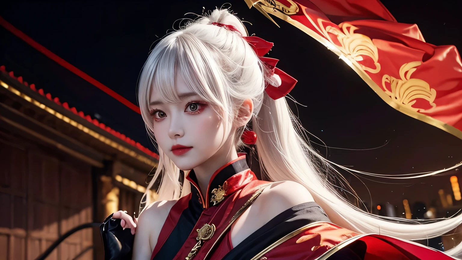 a close up of a woman in a costume with a sword, onmyoji detailed art, g liulian art style, from arknights, trending on artstation pixiv, by Yang J, cushart krenz key art feminine, guweiz on artstation pixiv, rossdraws sakimimichan, onmyoji, prompt:fantasy character with white, slightly tousled hair, pale skin, striking red eyes, intricate golden vine-like patterns, large red and gold wings, highly detailed, elegant, yet fierce
