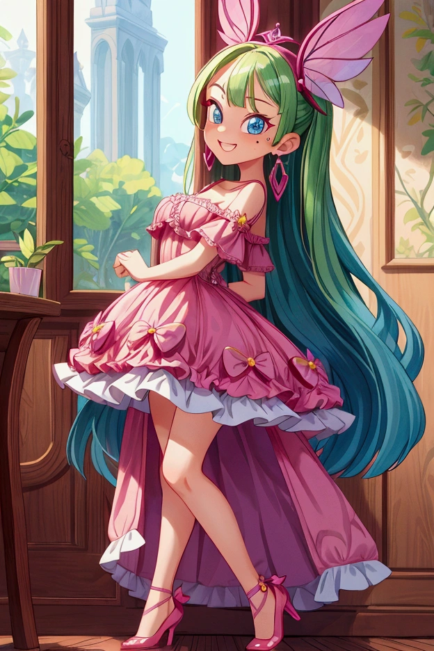 (Masterpiece, best quality) 1 girl, standing indoors with intricate details and sunlight, magenta frilled dress with short neckline, earrings, magenta shoes, diadema, green long hair, blue eyes, mischievous smile, teeth showing, bad girl, sexy pose, coquette, beautiful long legs, teen girl, gorgeous body, mole in the face, pronounced breasts.
