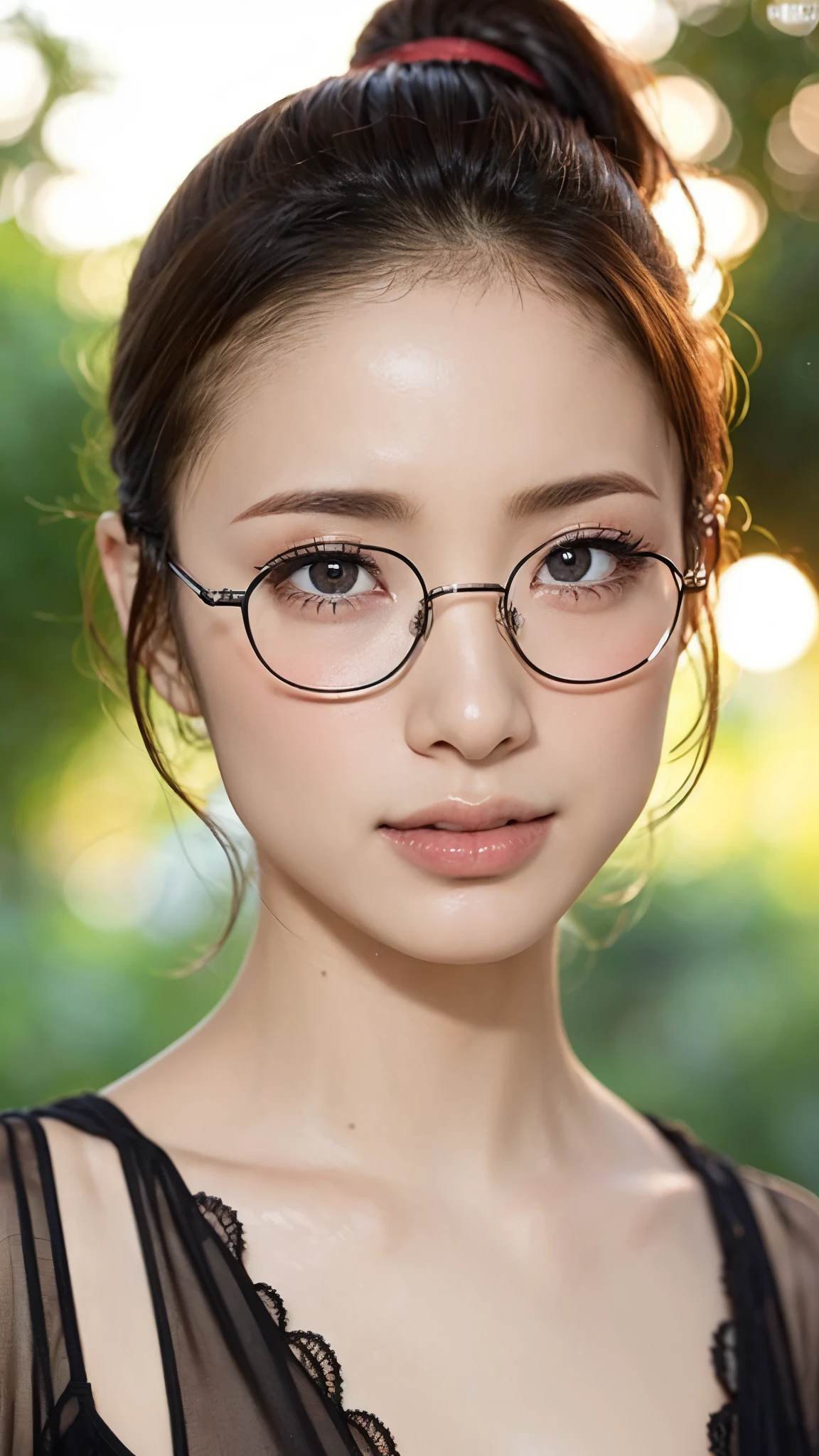 (masterpiece:1.3), (In 8K、 super high resolution、 Ultra High Definition、 super high definition 、超Realisticな、 best quality ), (realistic - photo ), high-definition RAW color photo, professional photos, Natural sunlight, Soft Shadows, (Realistic: 1.4), 30歳のWomen、1 person, ( high definition face and skin texture, beautiful eyes, shiny skin , oily skin , Strong gloss), perfect anatomy , Poster, Volumetric Lighting , ( Face Closeup :1.1), ( staring at viewers), attractive face , (Makeup is、none), (Squint your eyes:1.1, open lips:1.1), Women、Has a troubled expression, beautiful alignment of teeth, Black Hair, ( ponytail hair ), detailed hair, Beautiful Hair, anatomically accurate breasts, huge breasts, saggy breasts, Deep cleavage, Silver Glasses, detailed eyes on board, dark eyes, Shining Eyes, Black eyelashes, Detailed eyelashes, See-through shirt, Formal attire, red sexy outfit