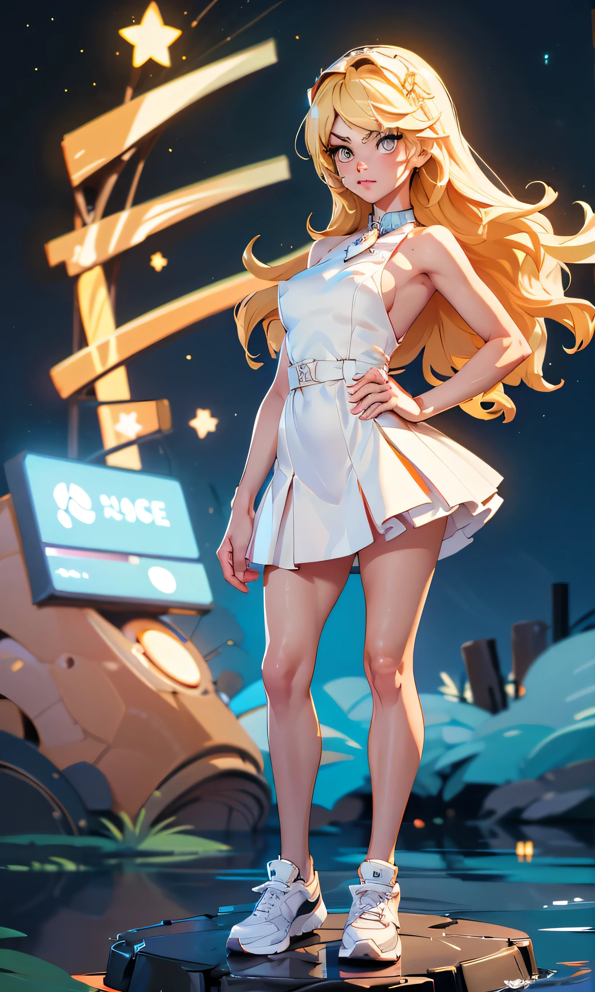  masterpiece, 1 girl, beautiful, slim, head on,  looking at the spectator ,  long hair ,  blond hair , brown eyes,  arched eyebrows ,  full body ,  pretty legs, abdomen plano, Kpop outfit , white bell dress,  short dress ,  sports shoes , (((desnuda))), in a river, dark sky,