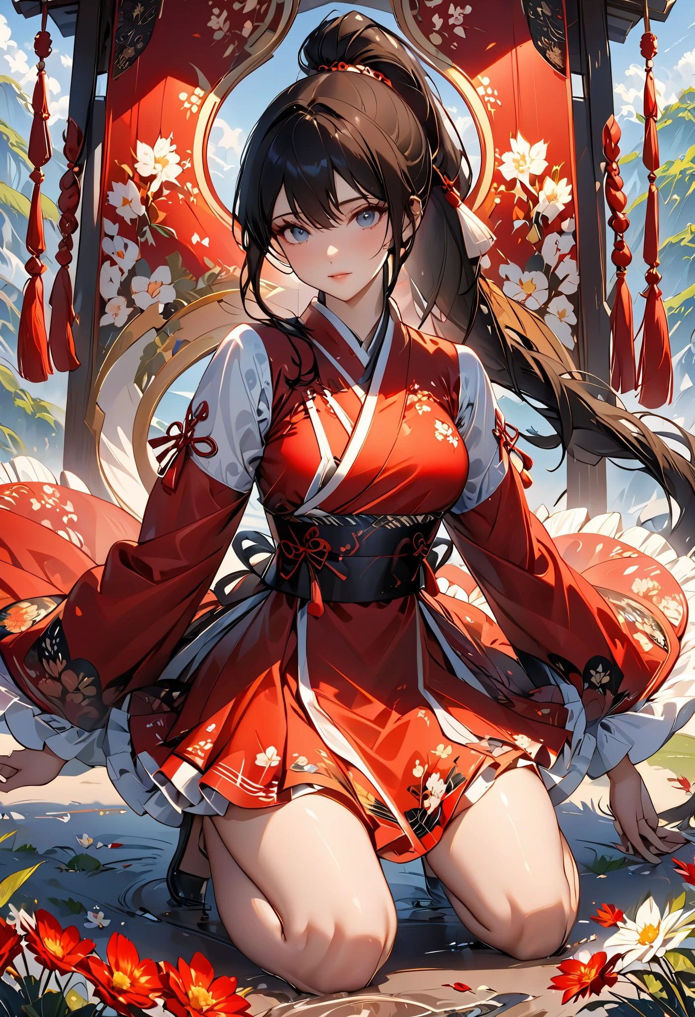 (((Best quality, 8k, Masterpiece: 1.3)), ((best quality)), ((masterpiece)), (detailed), perfect face, perfect body, (detailed skin:1.3), (intricate details), red costume, black hair, long ponytail, kneeling