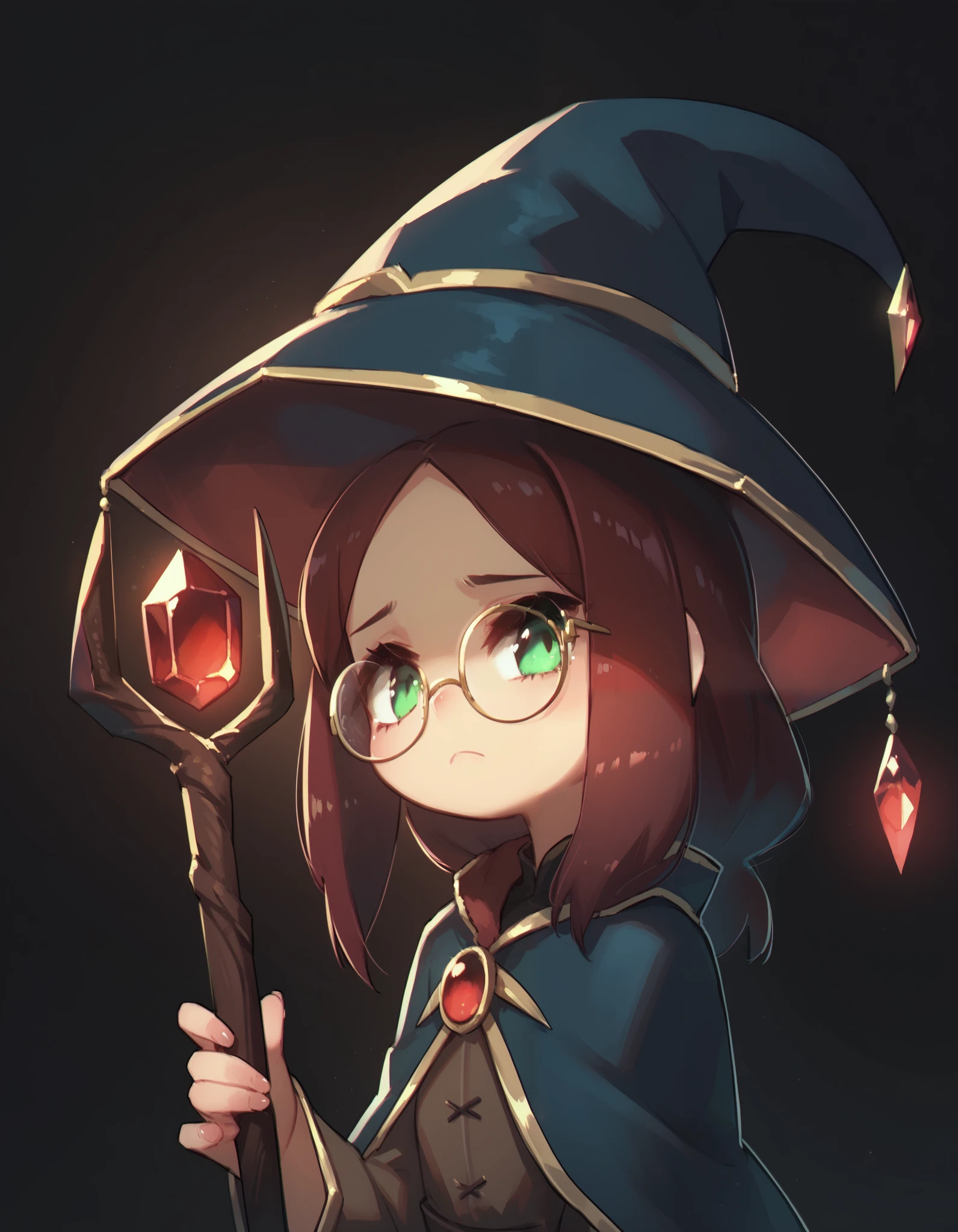 score_9, score_8_up, score_7_up, source_anime, 4RCH0N, 1girl, wizard hat, robe, capelet, tired, jitome, round eyewear, upper body, large staff, wooden staff, red gemstone, red light from staff, looking at viewer, light frown, dark,  brown clothes, silver trim, green eyes, dark background, black background, soft lighting,