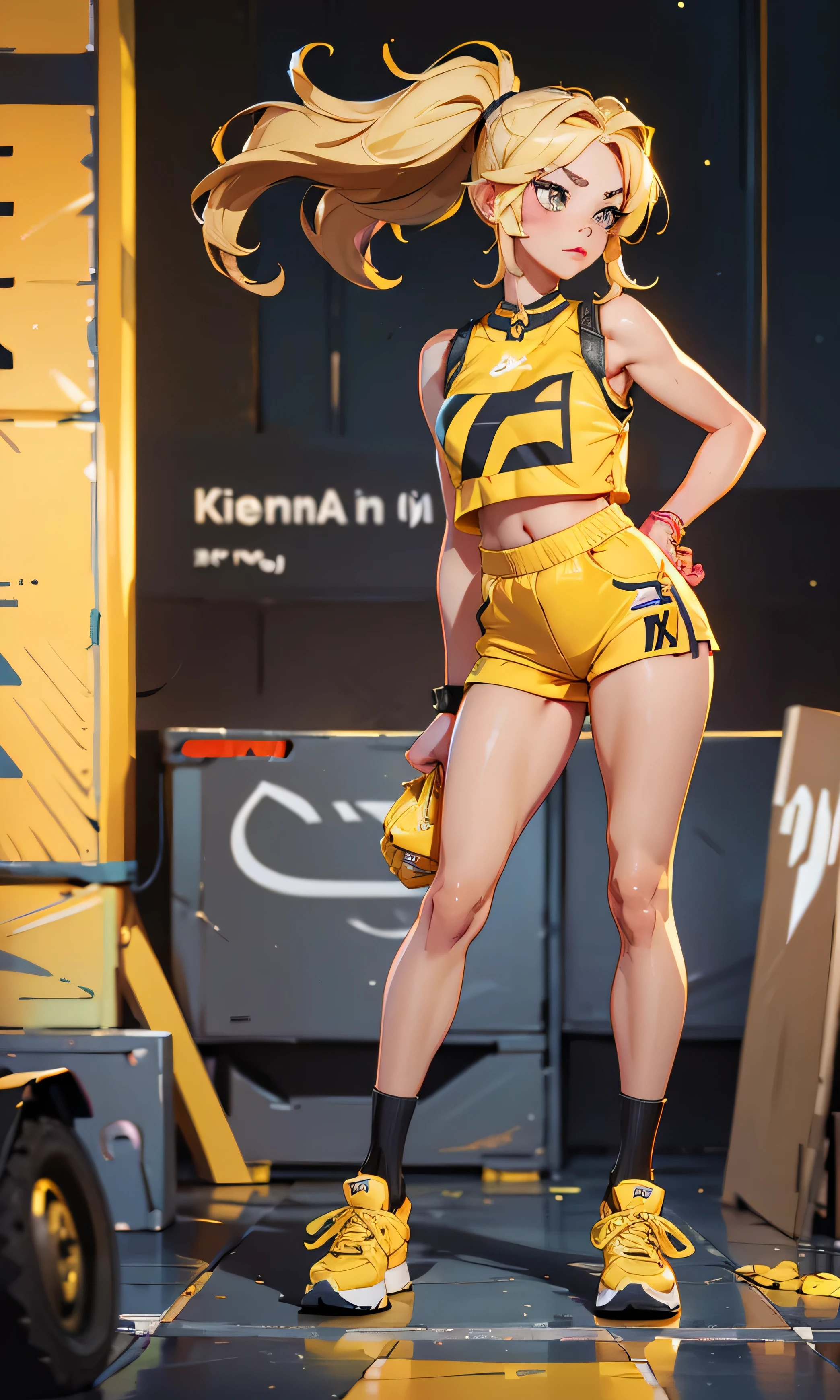  masterpiece, 1 girl, beautiful, slim, head on,  looking at the spectator ,  long hair ,  blond hair , brown eyes,  arched eyebrows ,  full body ,  pretty legs, abdomen plano, Kpop outfit ,  yellow shorts, yellow and white top ,  stockings,  sports shoes , (((desnuda))),  in a garbage sector , dark sky,
