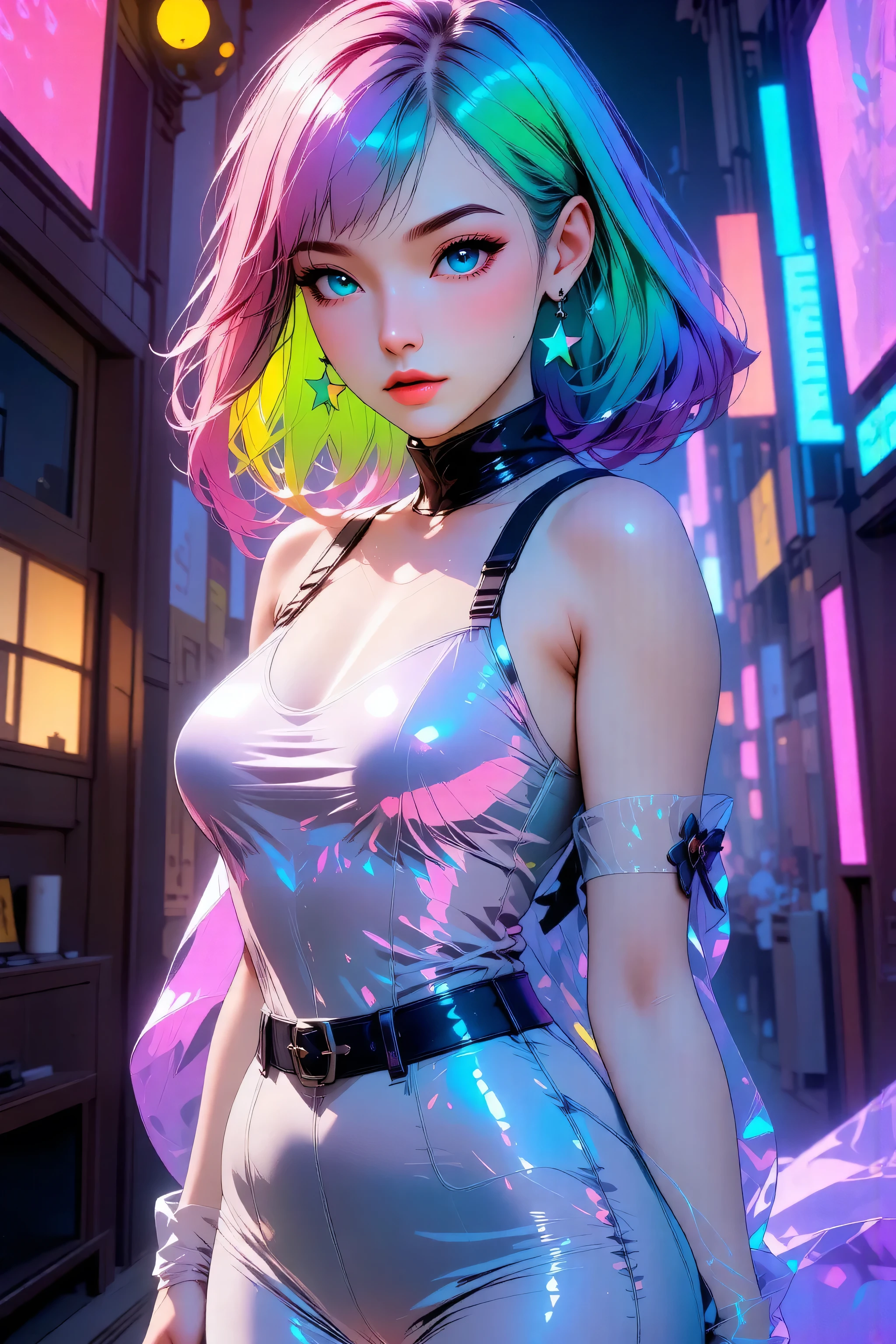 Japanese girl, (anime), manga, (3D), sexy, One Full Growth in Latex, sparkles, Pink Green Hair, posing, ((Glitter Dust)), dynamic shadows, masterpiece, bright colors, Shimmers, clear details, beautiful appearance, masterpiece, best quality, perfect anatomy, very aesthetic, official art, 8k, (porcelain doll), horny, sexual gaze, huge breasts, edgy graphic design, sexy pose, seducing camera, leaning in, ]straight on,
