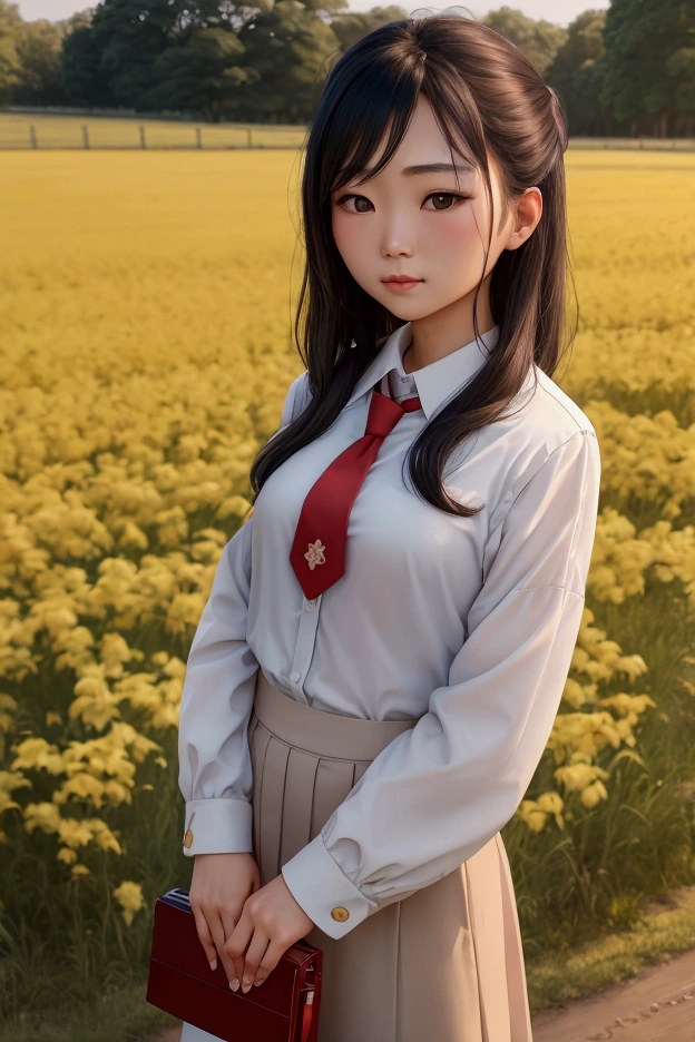 there is a woman with a red tie standing in a field, soft portrait shot 8 k, a young asian woman, shot on canon eos r5, shot on canon eos r 5, taken with canon eos 5 d mark iv, portrait shot 8 k, taken with canon 5d mk4, taken with sony alpha 9, portrait of a japanese teen