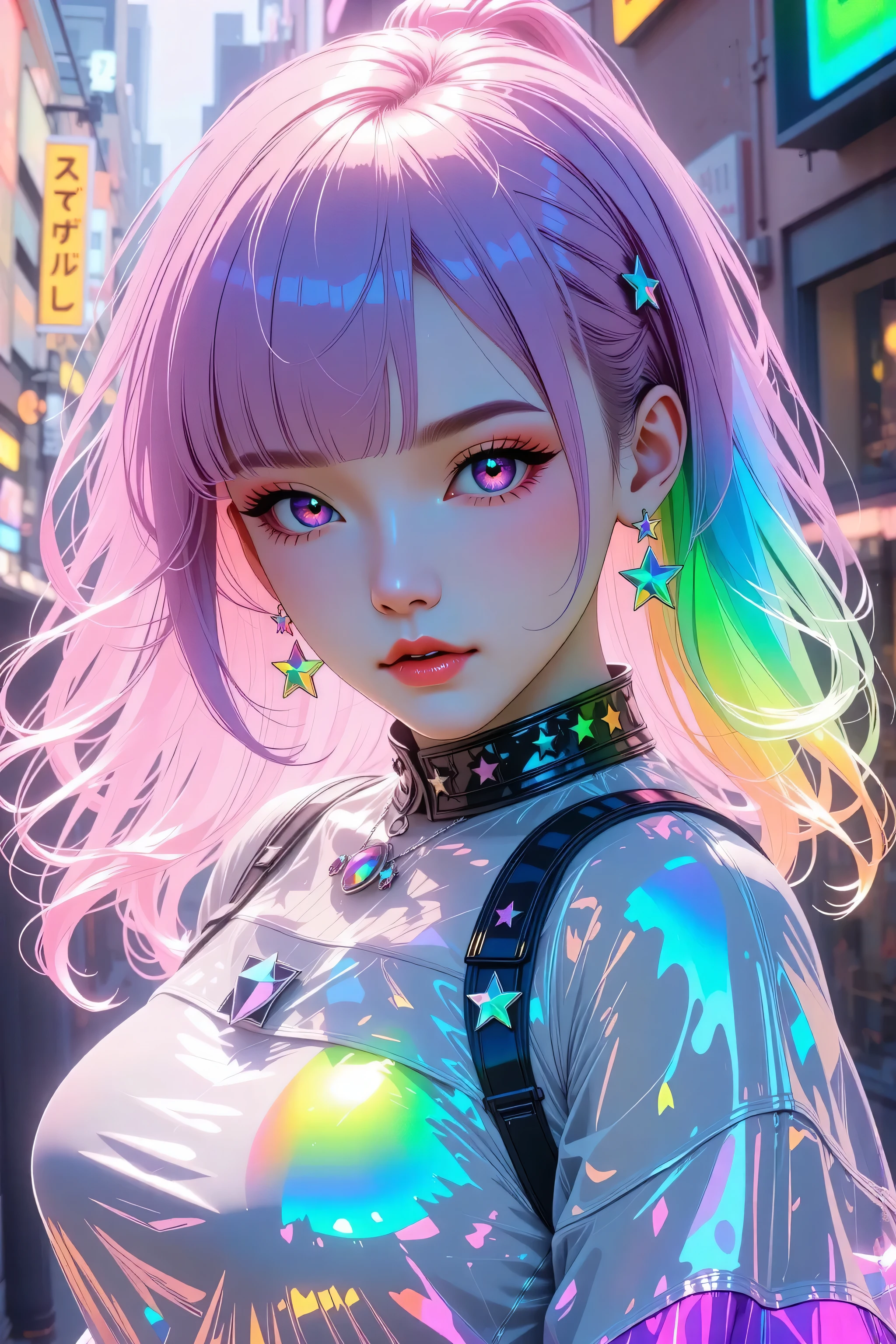 Japanese girl, (anime), manga, (3D), sexy, One Full Growth in Latex, sparkles, Pink Green Hair, posing, ((Glitter Dust)), dynamic shadows, masterpiece, bright colors, Shimmers, clear details, beautiful appearance, masterpiece, best quality, perfect anatomy, very aesthetic, official art, 8k, (porcelain doll), horny, sexual gaze, huge breasts, edgy graphic design, sexy pose, seducing camera, leaning in, ]straight on,
