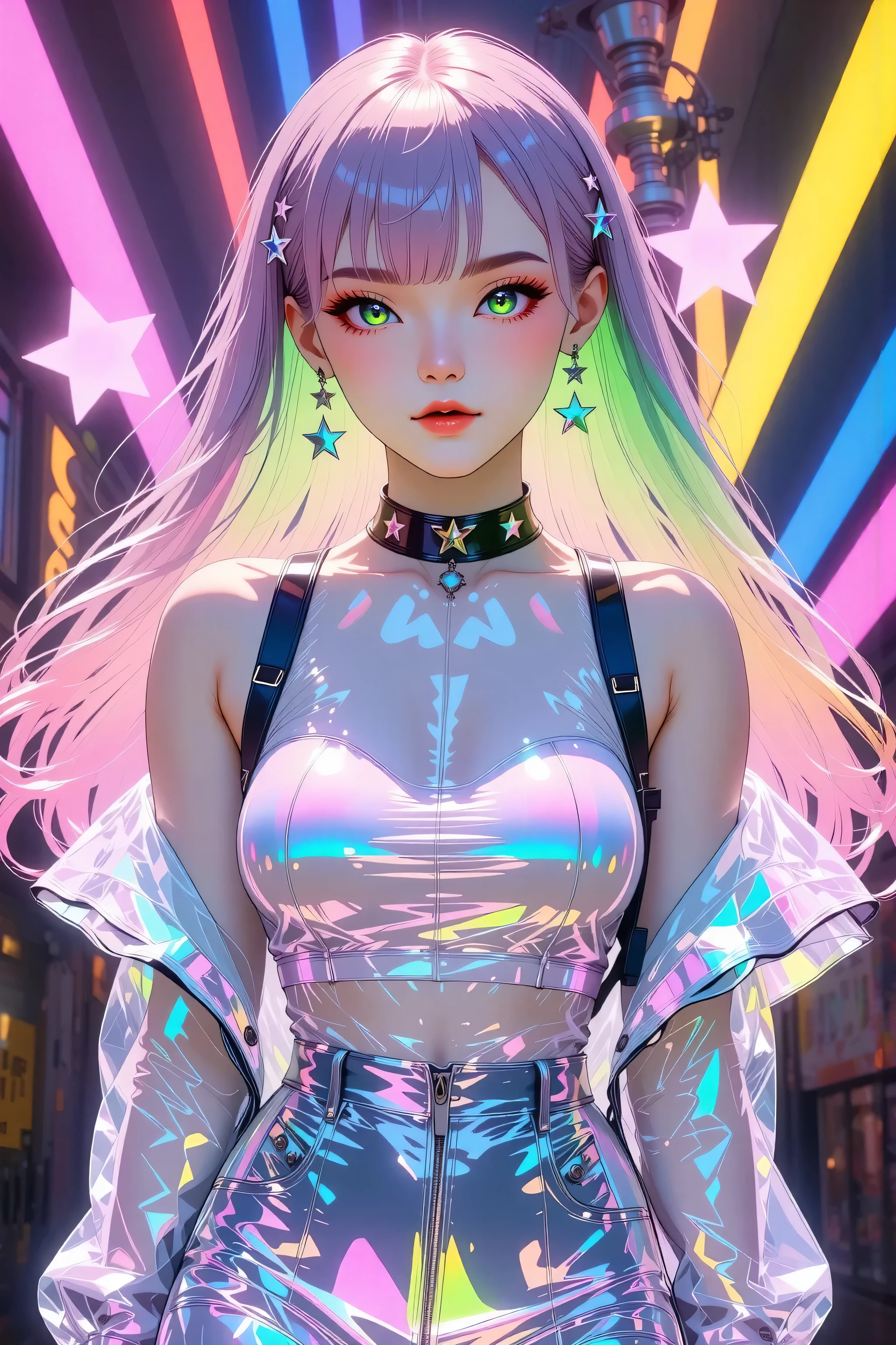 Japanese girl, (anime), manga, (3D), sexy, One Full Growth in Latex, sparkles, Pink Green Hair, posing, ((Glitter Dust)), dynamic shadows, masterpiece, bright colors, Shimmers, clear details, beautiful appearance, masterpiece, best quality, perfect anatomy, very aesthetic, official art, 8k, (porcelain doll), horny, sexual gaze, huge breasts, edgy graphic design, sexy pose, seducing camera, leaning in, ]straight on,
