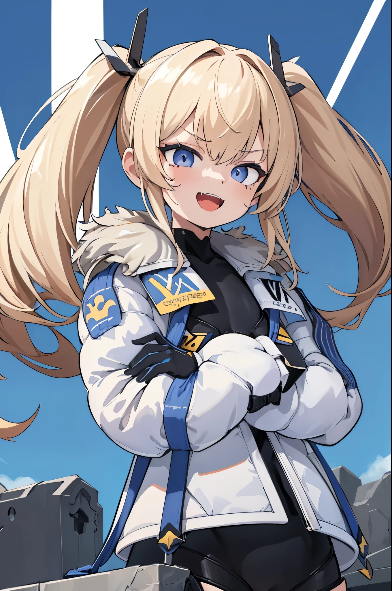 1petite_girl,masterpiece, highest quality,laplace,hair ornament, belt,white_front_open_coat_on_black_bodysuit,fur trim, gloves, blue boots,(upper body),open mouth,(crossed arms),(Standing in honor),big_Smile, smug_face, laugh,open_mouth