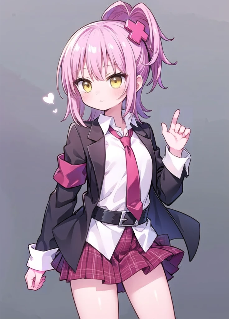 1girl, solo, shinjou_akane, shirt, smile, skirt, bow, white_shirt, looking_at_viewer, purple_jacket, pantyhose, black_skirt, jacket, off_shoulder, pleated_skirt, simple_background, breasts, collared_shirt, short_hair, white_background, bangs, arms_behind_back, large_breasts, closed_mouth, bowtie, red_eyes, cowboy_shot, hair_between_eyes, long_sleeves, school_uniform, pink_hair, light_purple_hair, miniskirt