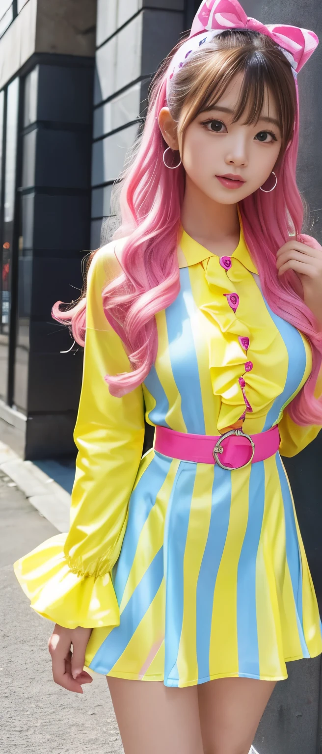 Pure idol girl（ shiny hair）、、Thick legs、striped candy tight dress（ Fluorescent Pink and Yellow and Light Blue）、Wonder Belt、、fancy ruffle jacket、、Good style、A pure girl&#39;s face