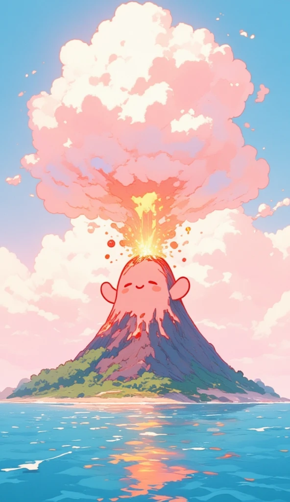 A cute illustration of a volcano with a cute expression and tiny arms on the side. The volcano is erupting. As it erupts, the volcano squints and blushes red as it erupts, while holding its tiny fists at the side. The volcano is situated on an island surrounded by the beautiful sea. The illustration is pastel-colored, giving it a cute and playful expression. The overall color palette is bright and cheerful, with soft pinks, blues, and yellows, creating a fun, lighthearted atmosphere. The entire scene feels charming and magical, as if the volcano is part of a whimsical, fantasy world.
