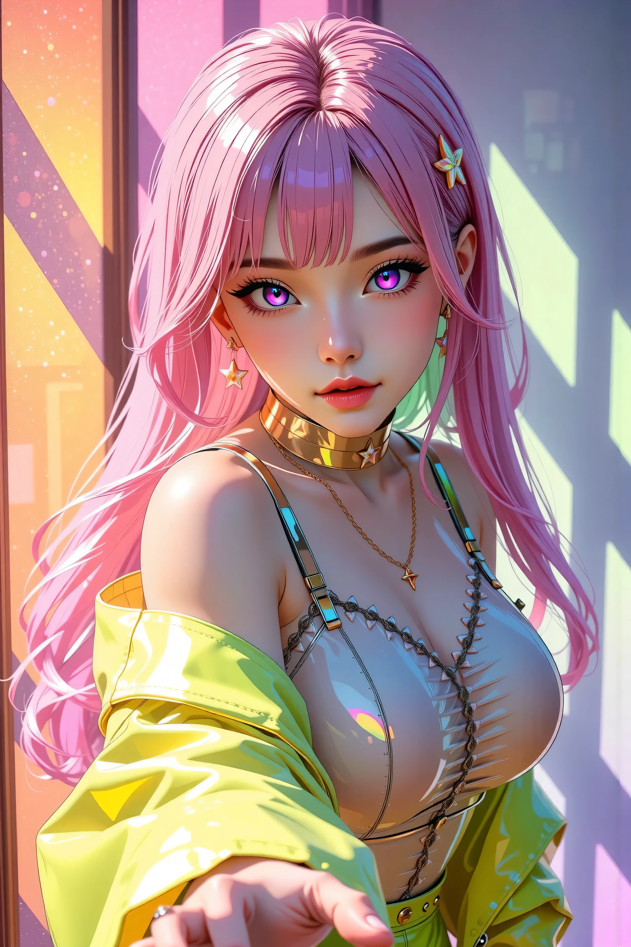 Japanese girl, (anime), manga, (3D), sexy, One Full Growth in Latex, sparkles, Pink Green Hair, posing, ((Glitter Dust)), dynamic shadows, masterpiece, bright colors, Shimmers, clear details, beautiful appearance, masterpiece, best quality, perfect anatomy, very aesthetic, official art, 8k, (porcelain doll), horny, sexual gaze, huge breasts, edgy graphic design, sexy pose, seducing camera, leaning in, ]straight on,
