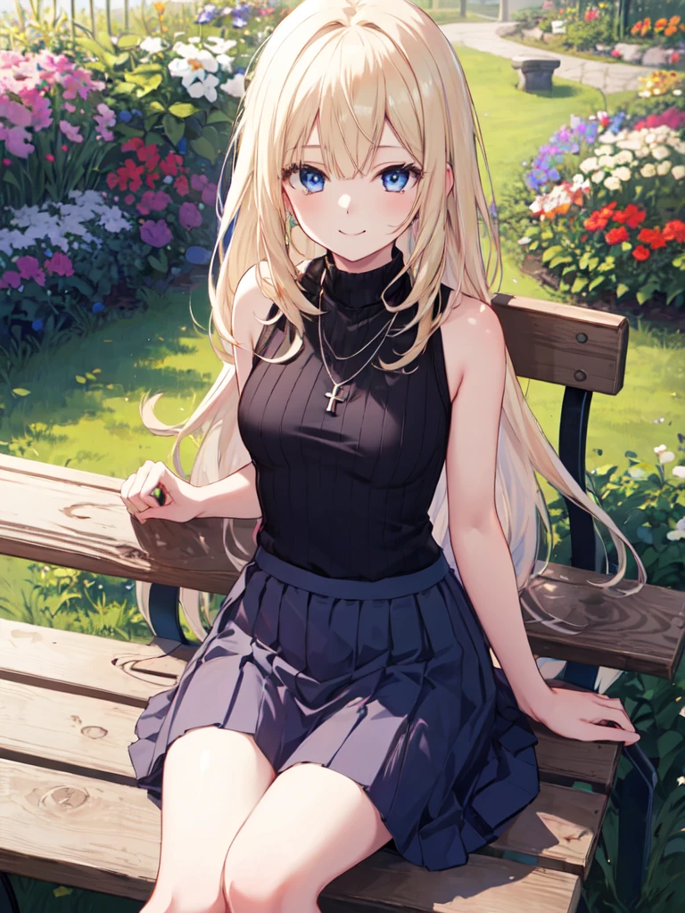  1 girl , solo, Blonde,  long hair, Straight Hair, Beautiful breasts, medium chest ,Sleeveless knit , Long Skirt, Necklaces , blue eyes, Droopy eyes,  closes her mouth, smiles, Seductive Smile , sitting on a bench, high definition ,  simple background, garden, top quality,  anatomically correct, masterpiece,