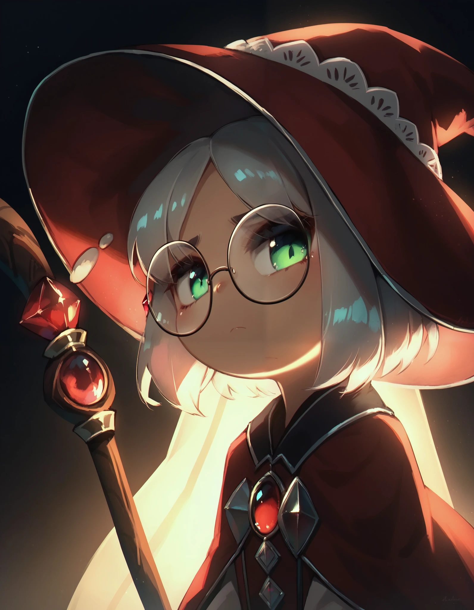 score_9, score_8_up, score_7_up, source_anime, 4RCH0N, 1girl, wizard hat, robe, capelet, tired, jitome, round eyewear, upper body, large staff, wooden staff, red gemstone, red light from staff, looking at viewer, light frown, dark, brown clothes, silver trim, green eyes, dark background, black background, soft lighting,