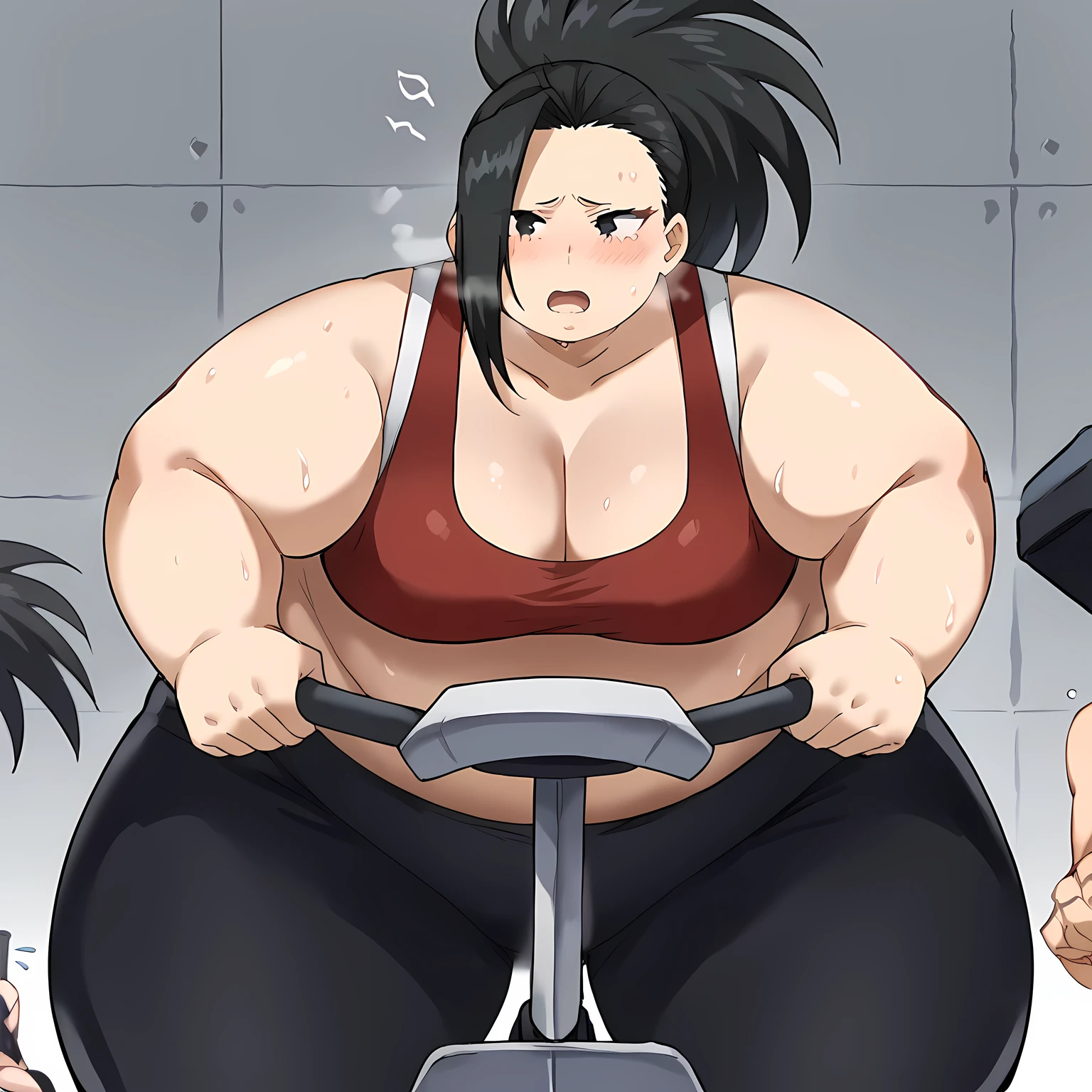 score_9, score_8_up, score_7_up, source_anime, yaoyorozumomo, yaoyorozu momo, long hair, bangs, black hair, ponytail, black eyes, high ponytail, wide ponytail, exercise bike, bike, sitting, bent over, exercise machine, exercising, sports bra, yoga pants, open mouth, sweating, steam, cleavage,, , cowboy shot bulging belly, fat, chubby, obese, open mouth, out of breath, absurdres, highres icon, rating:General, confused, blush, {flustered}, nervous sweating, portrait, pov hands, hand on another's belly, averting eyes, [looking away], straight-on, from below, swollen face, masterpiece, best quality, ultra-detailed, high resolution, 8K, 
