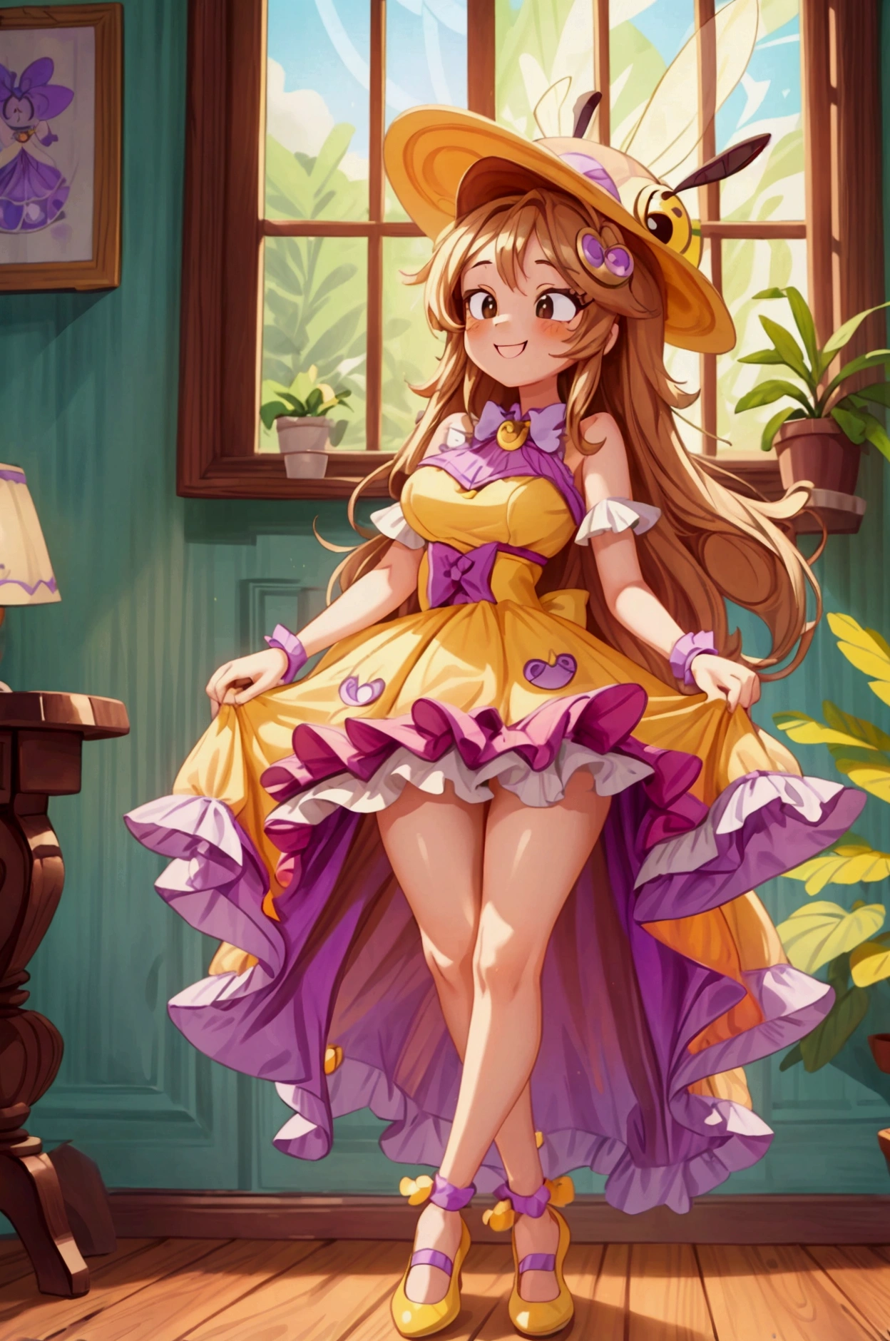 (masterpiece, best quality) standing, indoor, intricate detail, sunlight, yellow and purple frilly dress, purple and yellow shoes, orange long hair, cute bee hat, brown dark eyes, smiley face, sexy pose, coquette, gorgeous legs, mature teenager body, lovely, gorgeous body, pronounced breasts