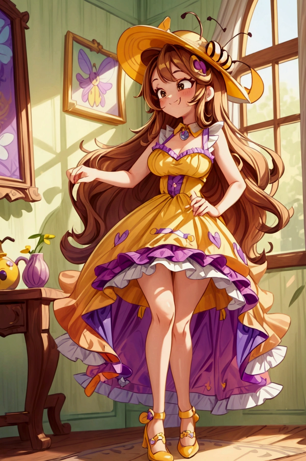 (masterpiece, best quality) standing, indoor, intricate detail, sunlight, yellow and purple frilly dress, purple and yellow shoes, orange long hair, cute bee hat, brown dark eyes, smiley face, sexy pose, coquette, gorgeous legs, mature teenager body, lovely, gorgeous body, pronounced breasts