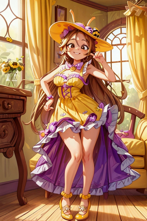 (masterpiece, best quality) standing, indoor, intricate detail, sunlight, yellow and purple frilly dress, purple and yellow shoes, orange long hair, cute bee hat, brown dark eyes, smiley face, sexy pose, coquette, gorgeous legs, mature teenager body, lovely, gorgeous body, pronounced breasts