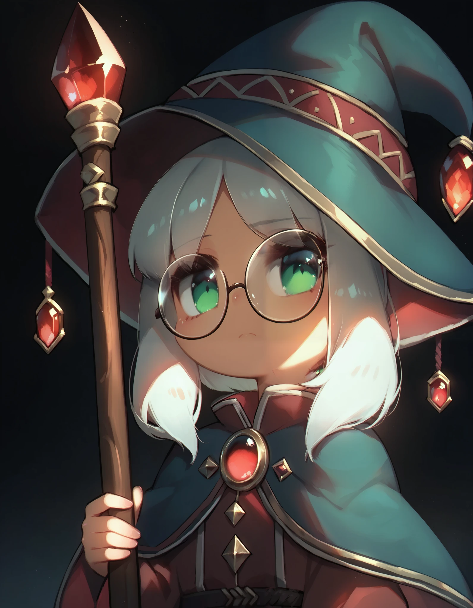 score_9, score_8_up, score_7_up, source_anime, 4RCH0N, 1girl, wizard hat, robe, capelet, tired, jitome, round eyewear, upper body, large staff, wooden staff, red gemstone, red light from staff, looking at viewer, light frown, dark, brown clothes, silver trim, green eyes, dark background, black background, soft lighting,