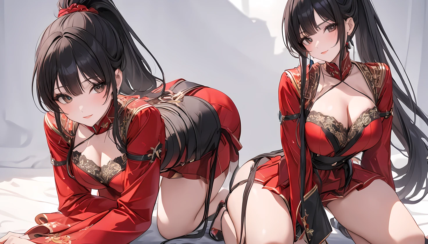 (((Best quality, 8k, Masterpiece: 1.3)), ((best quality)), ((masterpiece)), (detailed), perfect face, perfect body, (detailed skin:1.3), (intricate details), red costume, black hair, long ponytail, kneeling