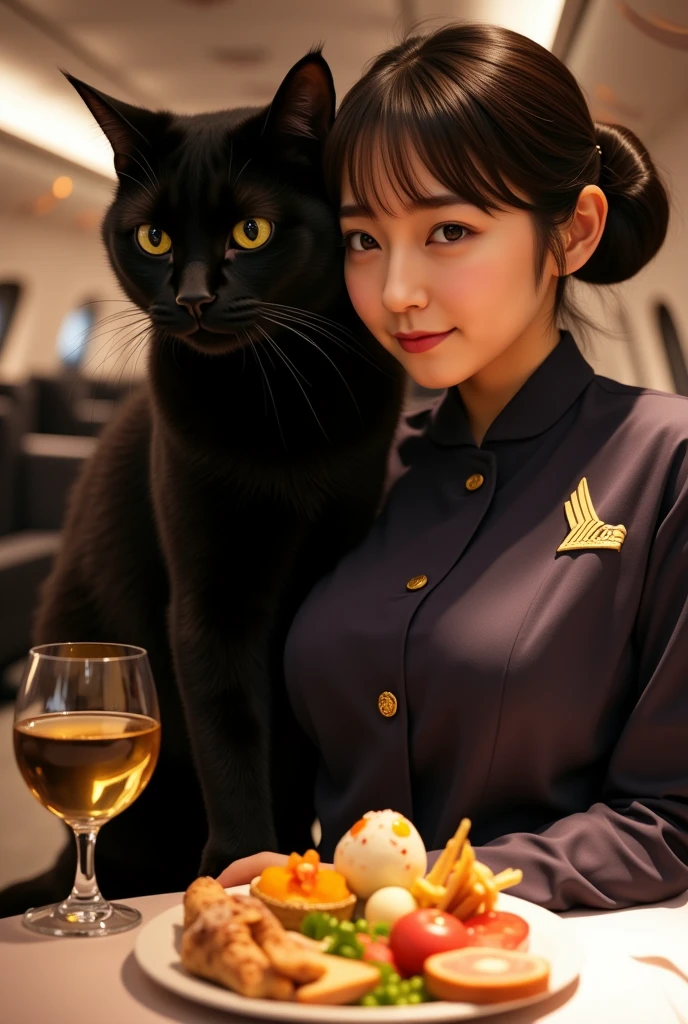 ultra-realistic, photorealistic, dramatic scene, shadow, global-illumination, solo, (teenage Japanese girl:1.5), very beautiful fragile Japanese girl, very beautiful with very cute but boyish cool face, (very large breasts), slim waist, (wearing a cabin crew uniform of Singapore airlines:1.2), (very large breasts), she is serving a human-like giant black cat of business class passenger, the cat looks like a business man, appetizer of a gorgeous cat food assort,