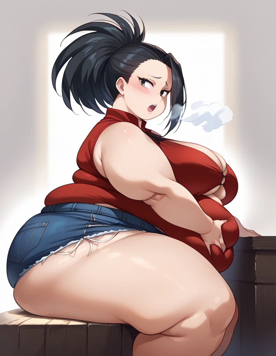 fat body, tall, yaoyorozumomo, black eyes, black hair, ponytail, long hair, hair pulled back, center opening, cleavage, red tank top, back shorts fat body, wide waist big . sexy body, sexy figure, fat thighs, sexy, wide waist, desireable, tempting, lust, fat, chubby, obese, gigantic arms and legs , sitting, from behind, side view, open mouth, blush, out of breath, grabbing belly