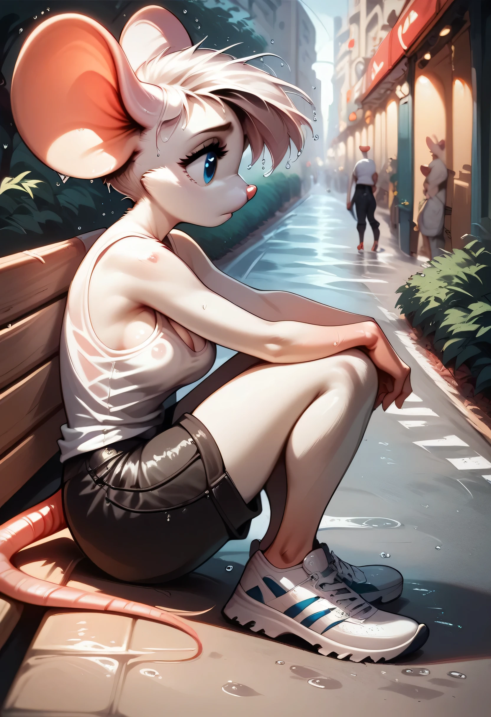 score_9, score_8_up, score_7_up, anime style, white anthro mouse, b3ck13m0us3, Blue eyes, mouse snout, Sitting on park bench, city street, white tank top, black shorts, white shoes, raining, soaked, sad, from side, close up,sexy clothes, cleavage, thigh, shorts, sexy