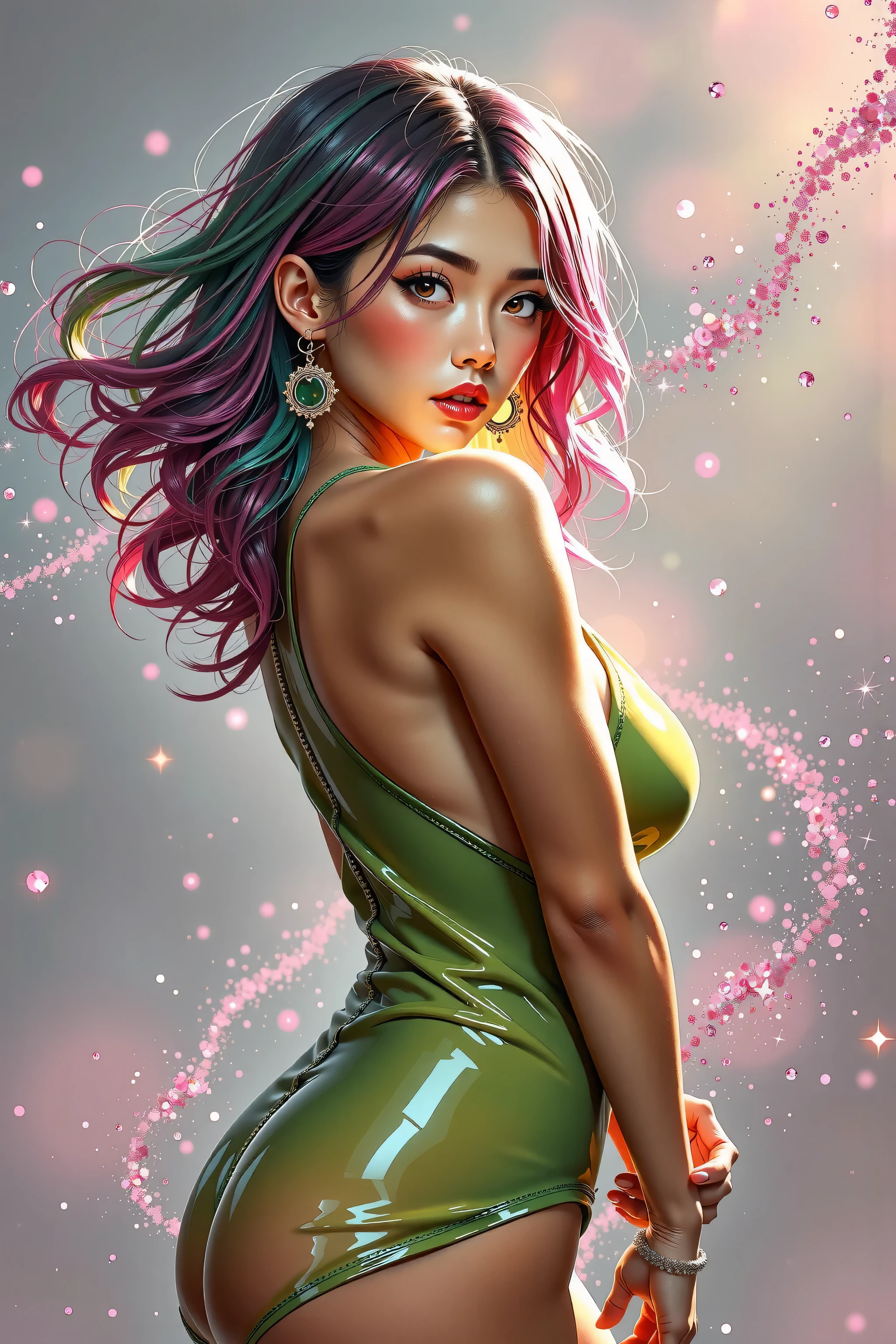 Japanese girl, (anime), manga, sexy, One Full Growth in Latex, sparkles, Pink Green Hair, posing, ((Glitter Dust)), dynamic shadows, masterpiece, bright colors, Shimmers, clear details, beautiful appearance, masterpiece, best quality, perfect anatomy, very aesthetic, official art, 8k, horny, sexual gaze, huge breasts, edgy graphic design, sexy pose, straight on,
