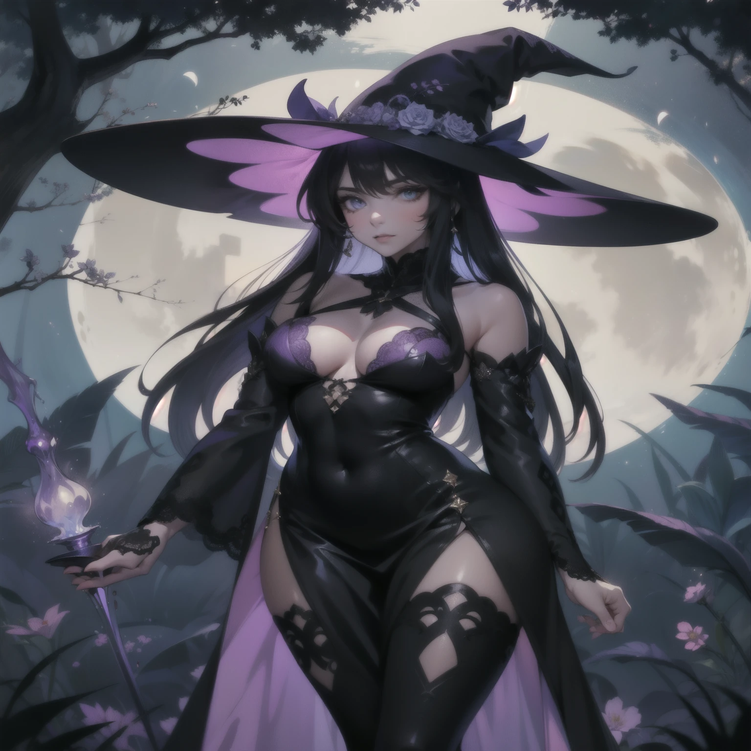 (best quality,ultra-detailed,sharp focus,masterpiece:1.2),witch,incredible detailed eyes and face,beautiful detailed lips,long eyelashes,big breasts,sexy pose,sexy lingerie,spell book,magic wand,mysterious atmosphere,mystical lighting,vivid colors,gorgeous makeup,enchanted garden,full moon,night scene,witch hat,black cat,curvy silhouette,smoky eyes,layered clothing,slightly revealing,high heels,dark lipstick,fierce and confident expression,flowing dark hair,moonlit sky,sparkling stars,alluring charm,enticing and seductive demeanor.