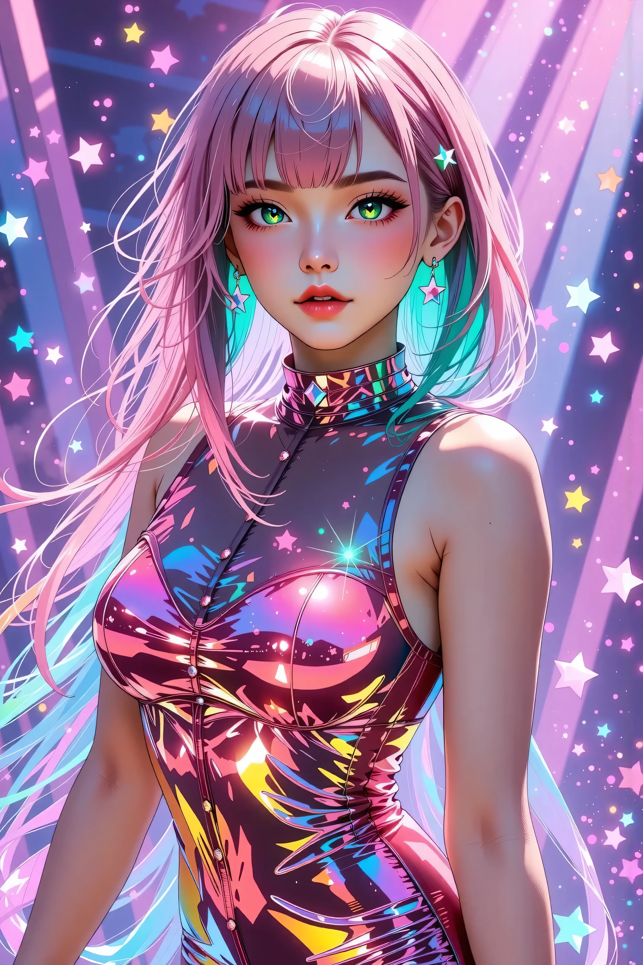 Japanese girl, (anime), manga, sexy, One Full Growth in Latex, sparkles, Pink Green Hair, posing, ((Glitter Dust)), dynamic shadows, masterpiece, bright colors, Shimmers, clear details, beautiful appearance, masterpiece, best quality, perfect anatomy, very aesthetic, official art, 8k, horny, sexual gaze, huge breasts, edgy graphic design, sexy pose, straight on,
