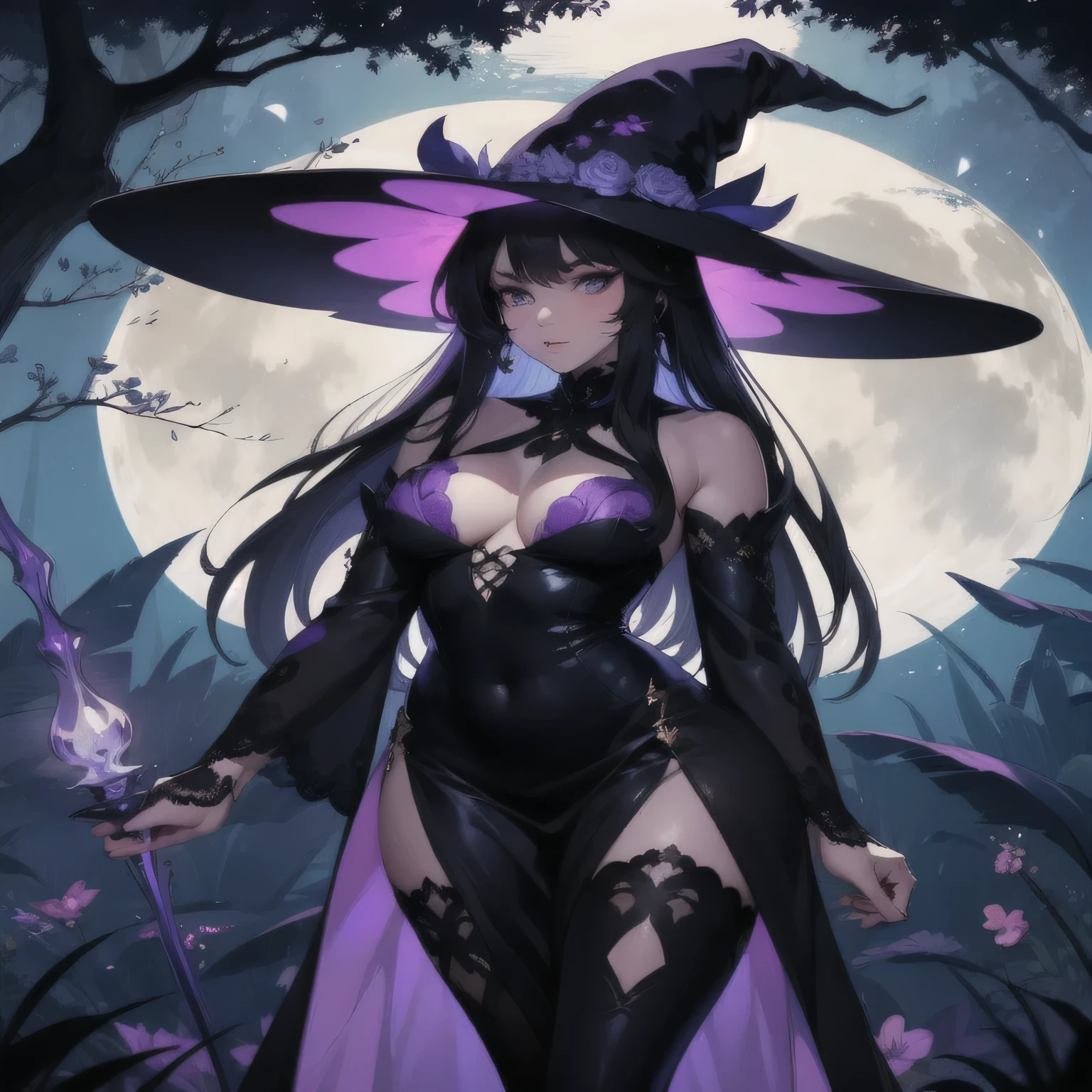 ((full body display)), (cute witch), she is holding a broom, ((long dress)), ((dark blue palette)), (((very dark scene))), ((she has a pointy hat)), ((she is riding a flying broom)), ((on a moonlit night scene)), ((side rim lights only)), huge pot in the background, adult and extra sensual body shapes, heavy breasts, ((breasts pushed together)), (pointy breasts), big head, big legs, hourglass body shape, camel toe, (inner thighs gap) --auto