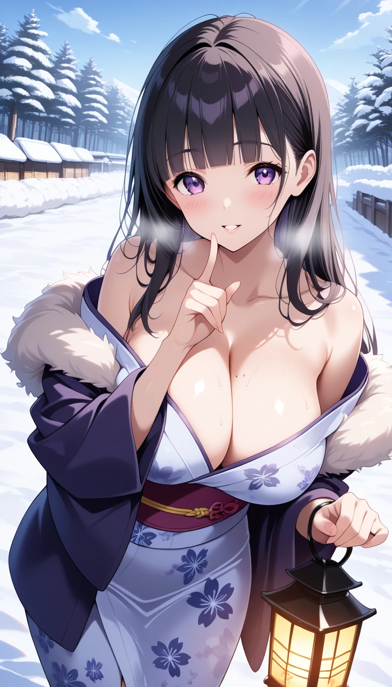 rating: random ,big breast,Index finger to own lips ,yukata, 1girl,solo,purple eyes,blunt bangs,black hair long hair, fur trimmed jacket, off shoulder,BREAK outdoor, snowy, Winter, other hand holding lantern